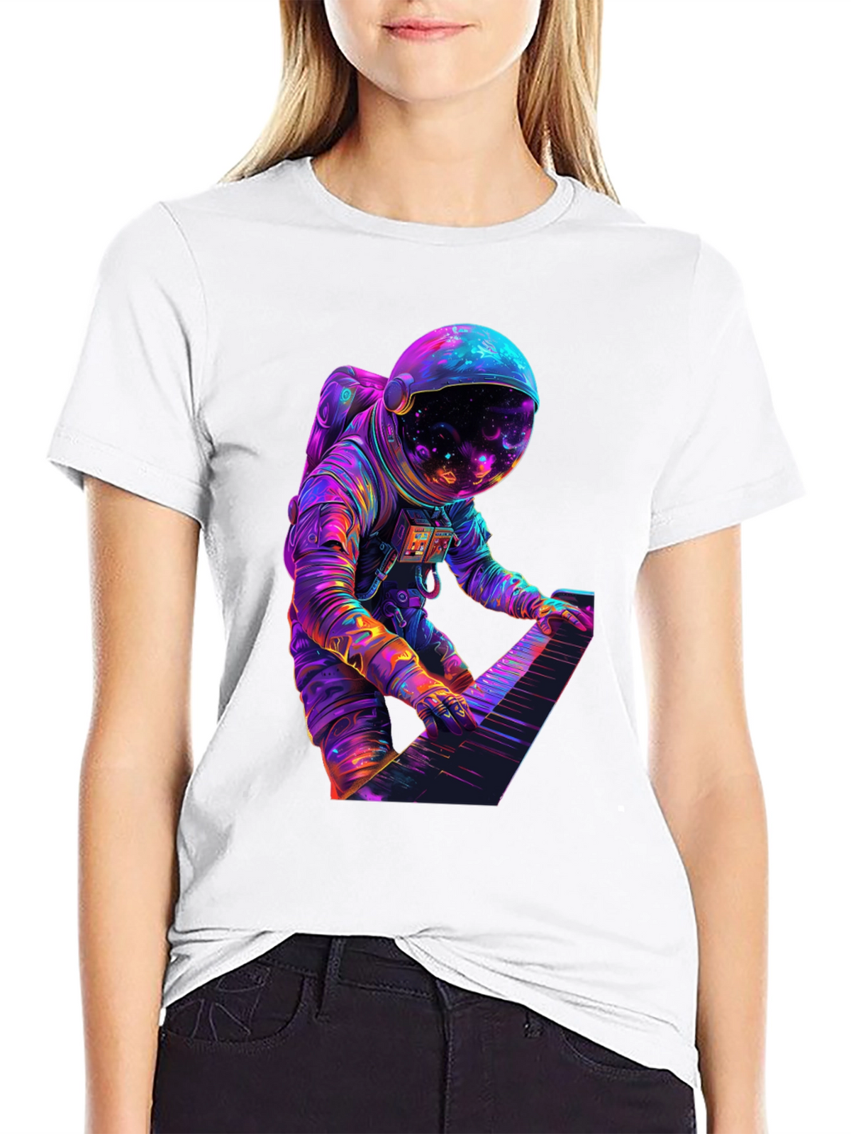 Astronaut Playing Piano Graphic Tee - Space Musician Shirt