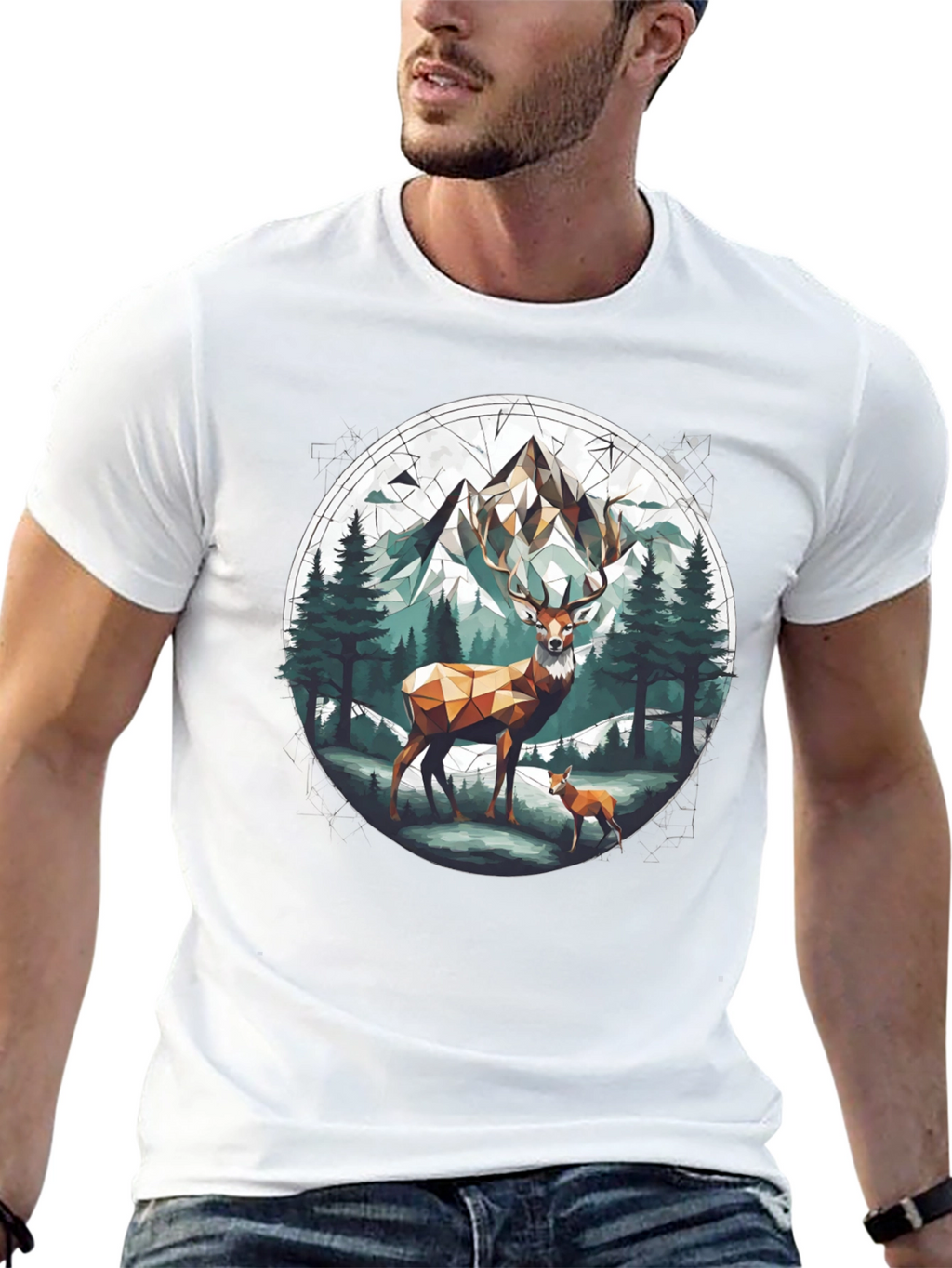 Geometric Deer Mountain Graphic T-Shirt