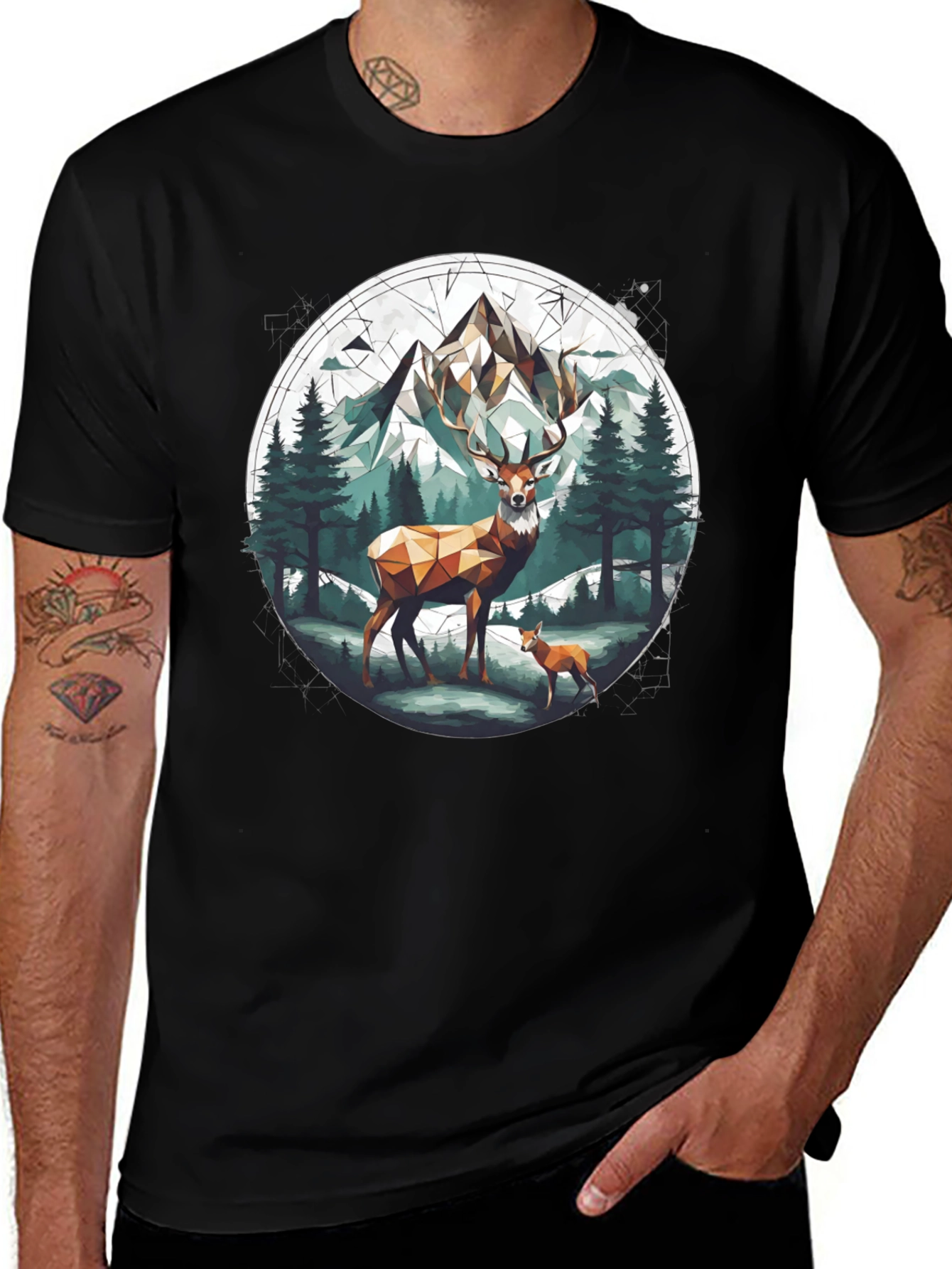 Geometric Deer Mountain Graphic T-Shirt