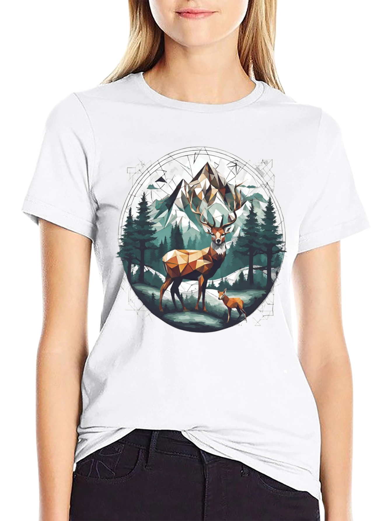 Geometric Deer Mountain Graphic T-Shirt