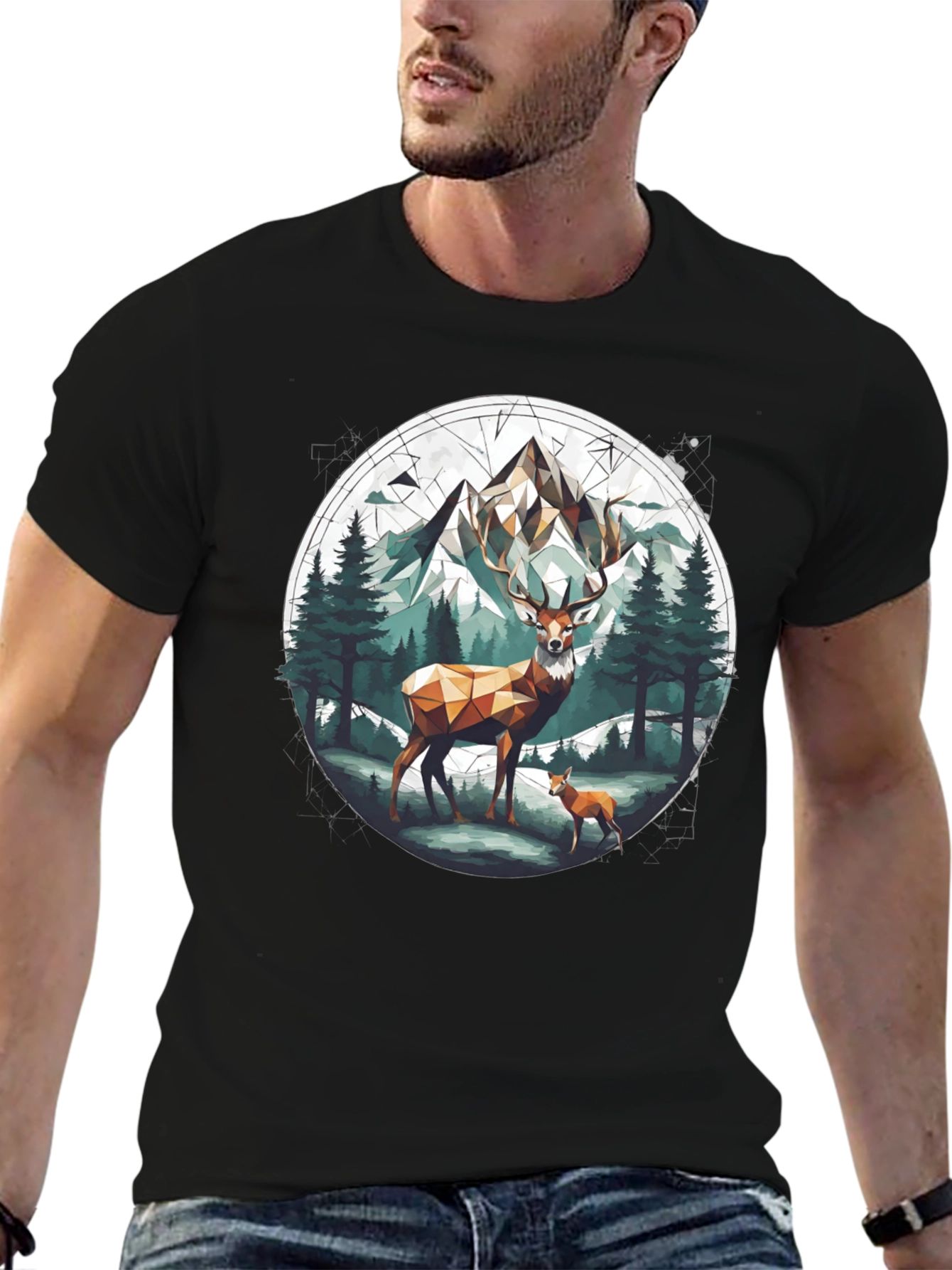 Geometric Deer Mountain Graphic T-Shirt