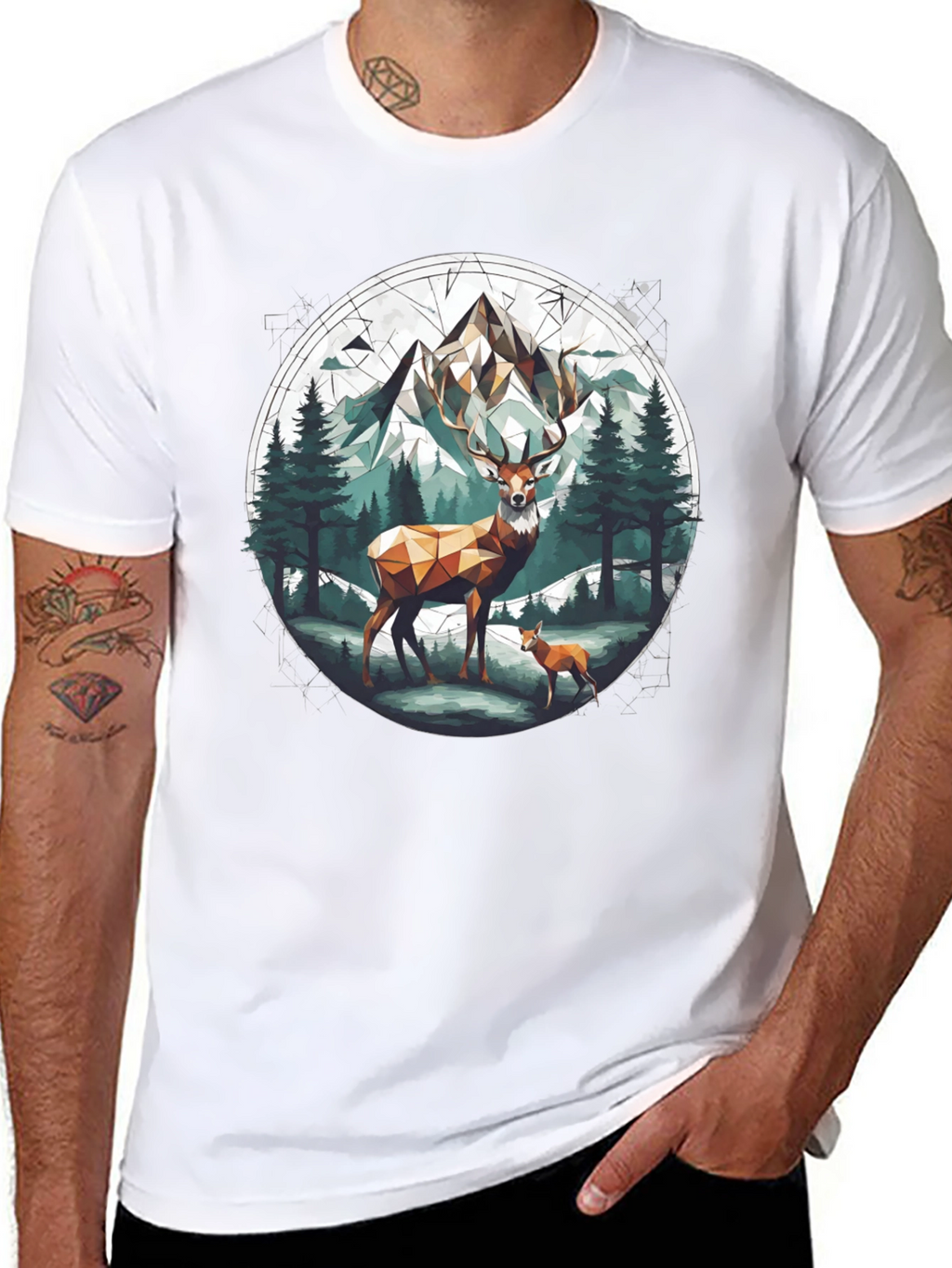 Geometric Deer Mountain Graphic T-Shirt