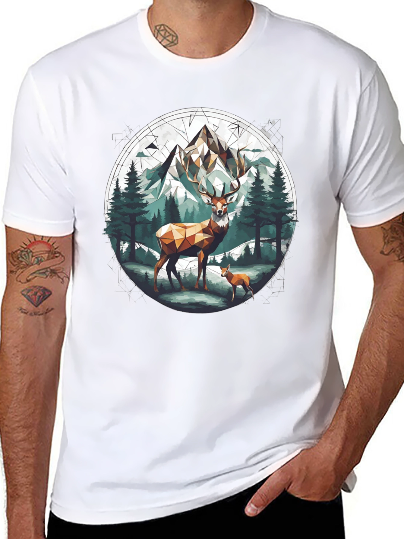 Geometric Deer Mountain Graphic T-Shirt
