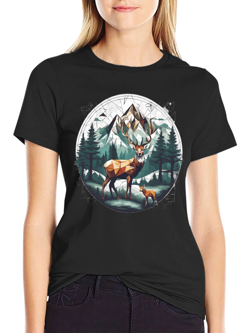 Geometric Deer Mountain Graphic T-Shirt