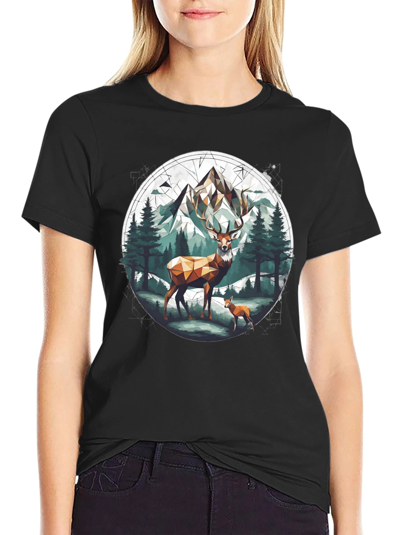 Geometric Deer Mountain Graphic T-Shirt
