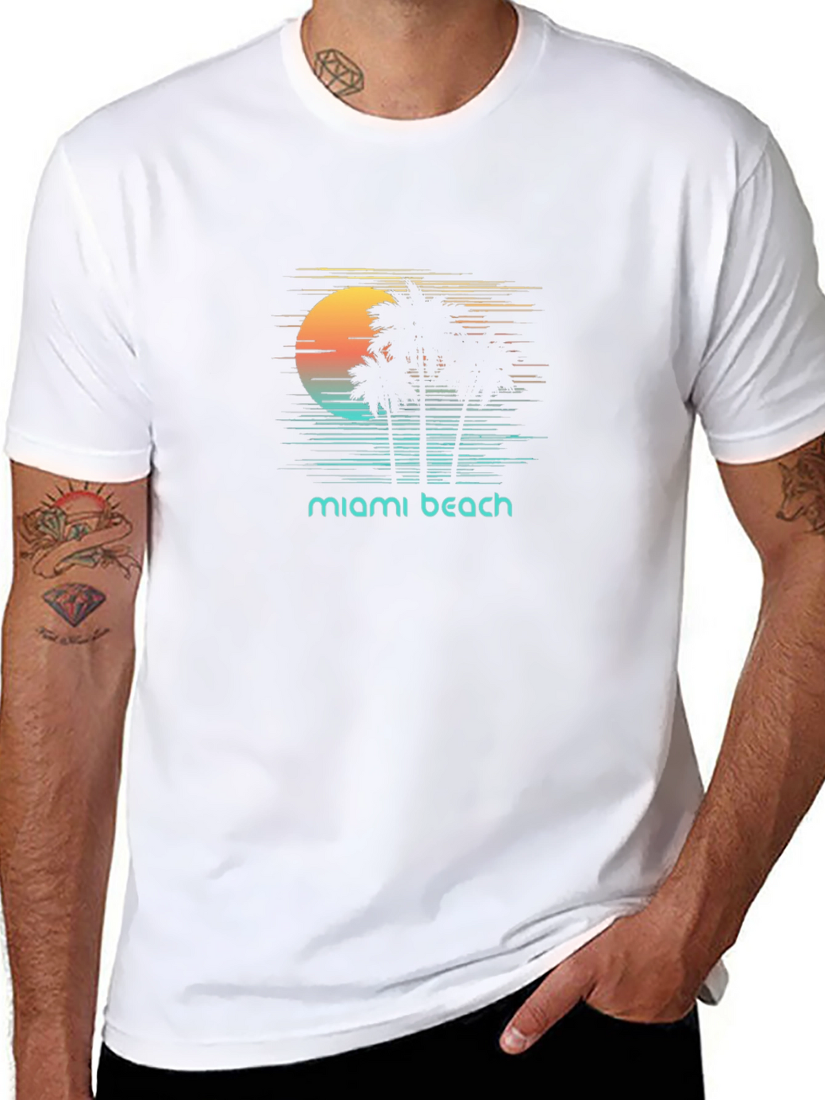 Miami Beach Sunset T-Shirt - Retro Palm Tree Design
