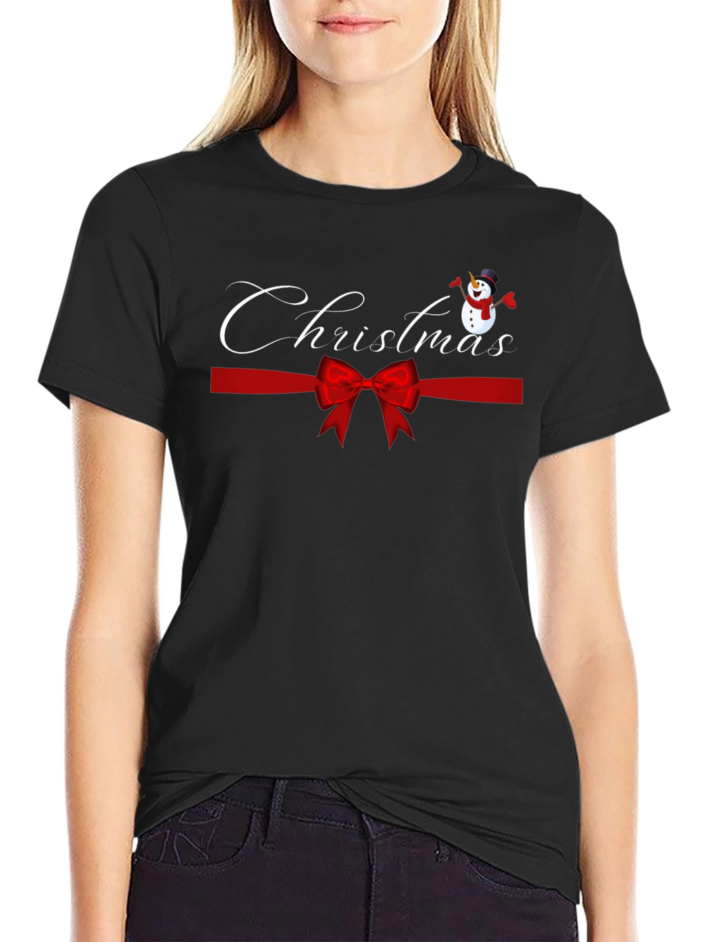 Festive Christmas Snowman Ribbon Graphic Tee