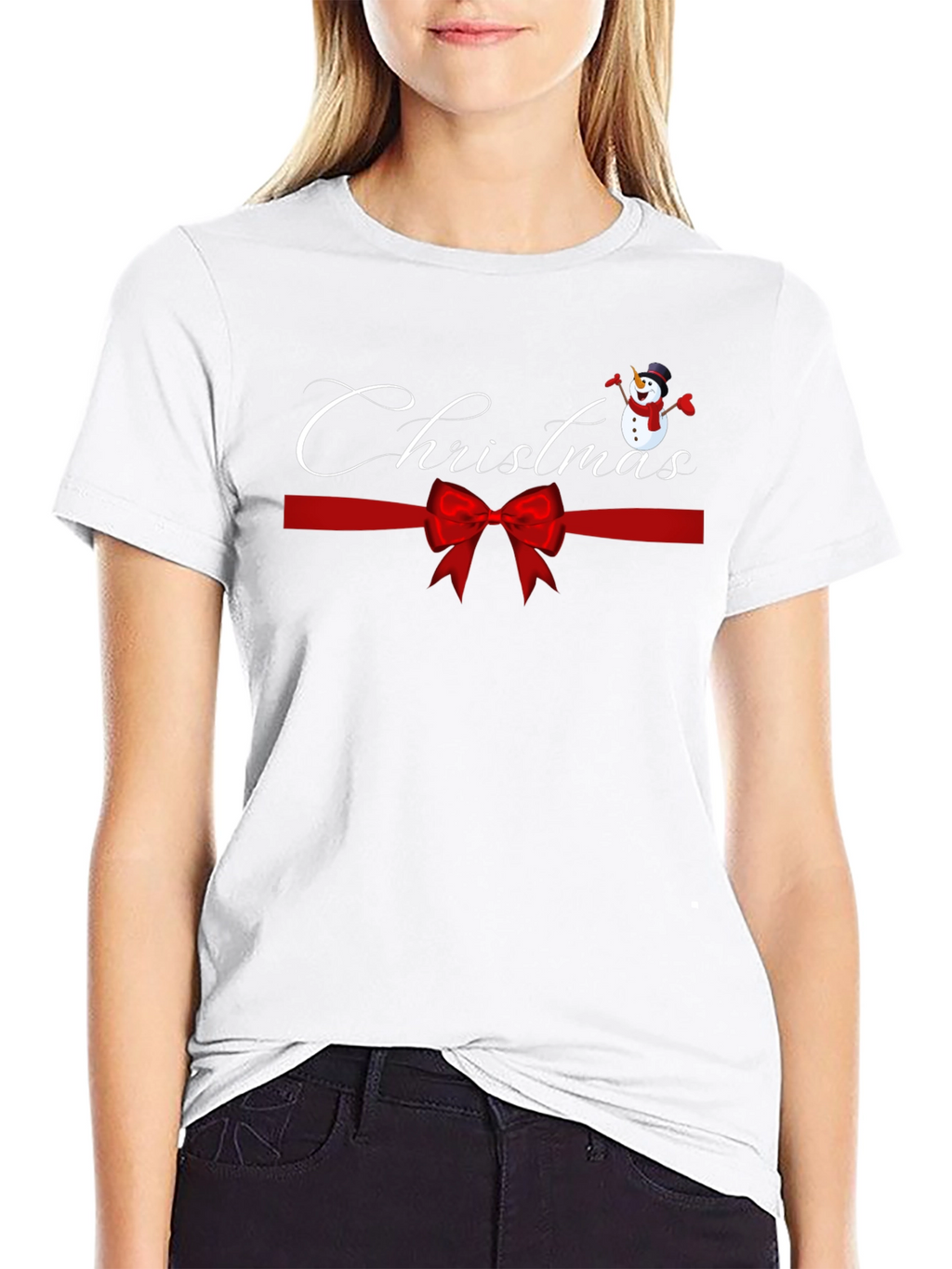 Festive Christmas Snowman Ribbon Graphic Tee