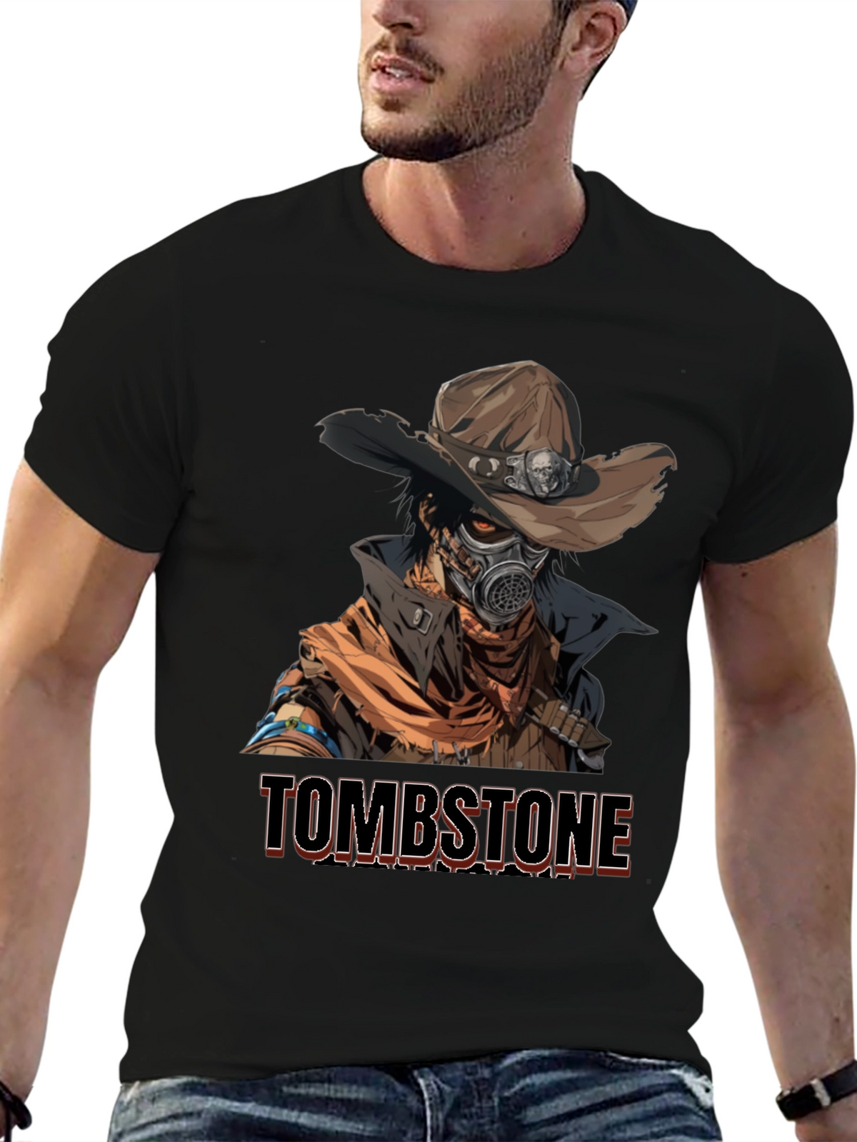 Tombstone Cowboy Gas Mask Graphic T-Shirt