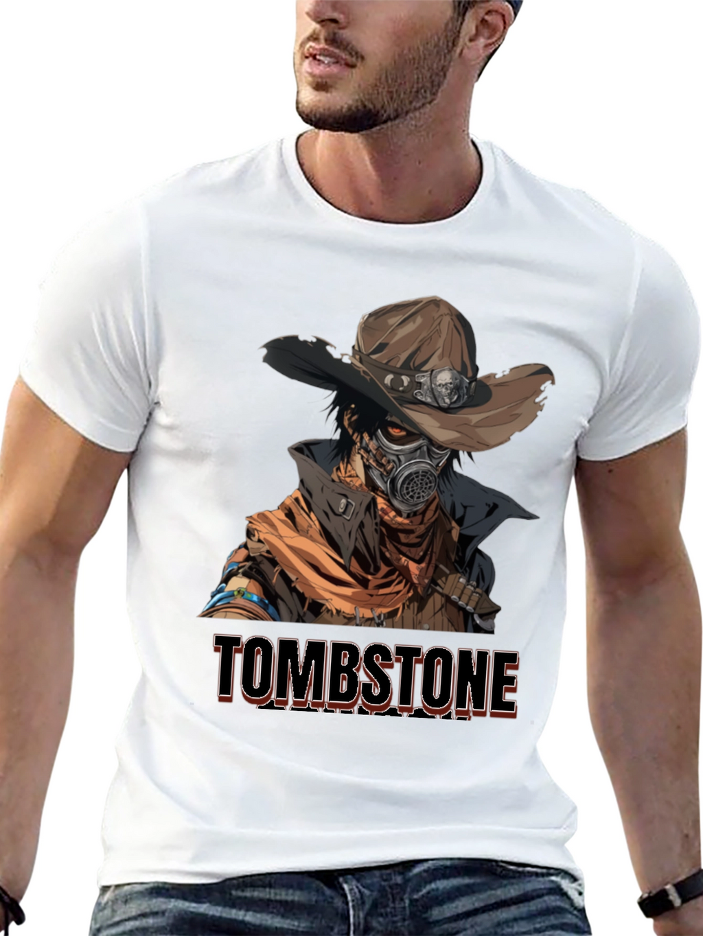 Tombstone Cowboy Gas Mask Graphic T-Shirt