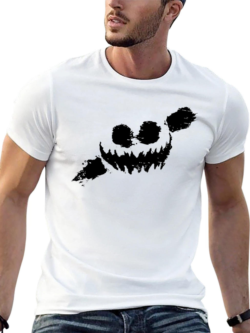 Mens Black Graphic Tee - Spooky Pumpkin Design
