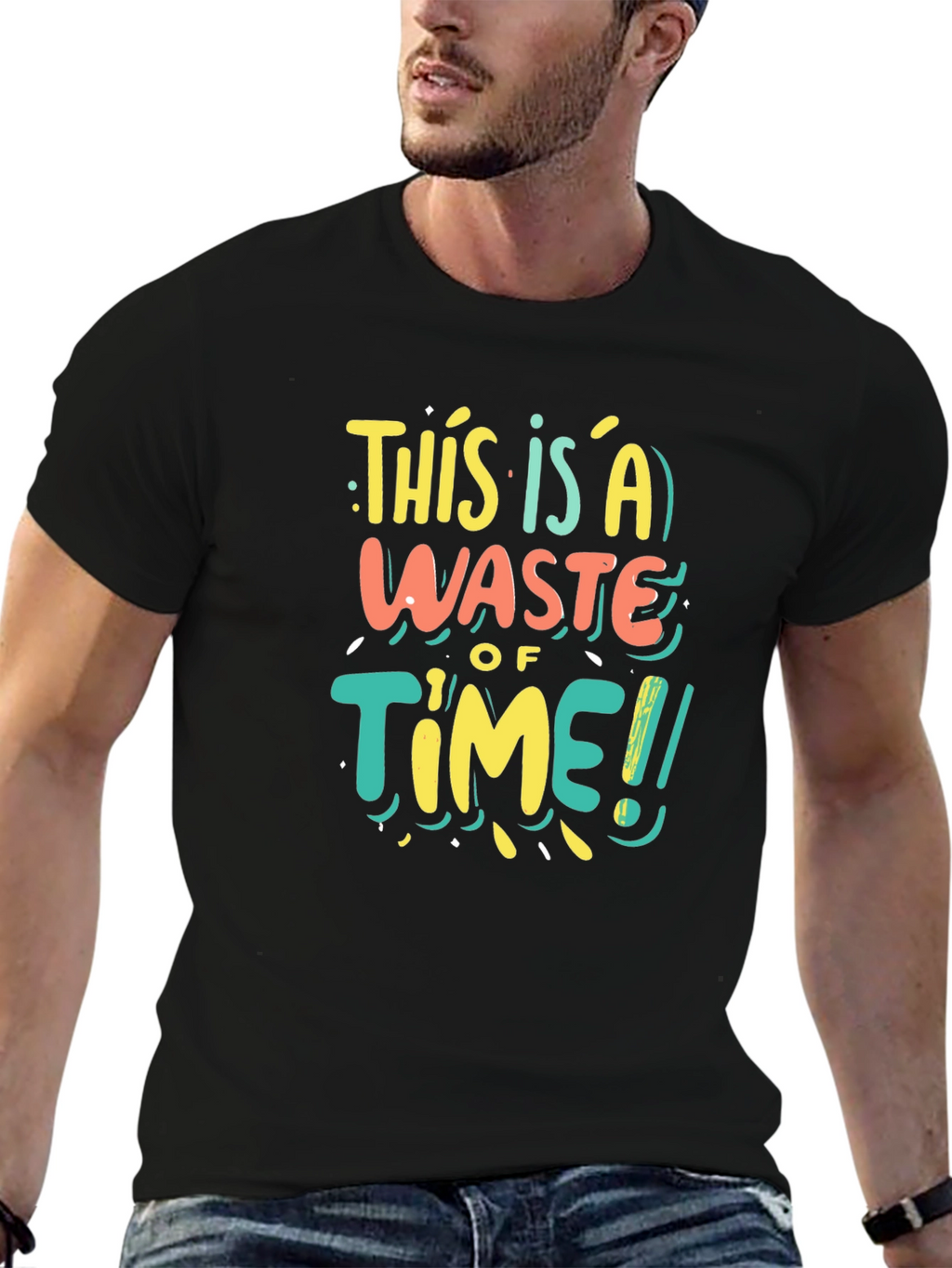 Funny Waste of Time Graphic Print Black T-Shirt