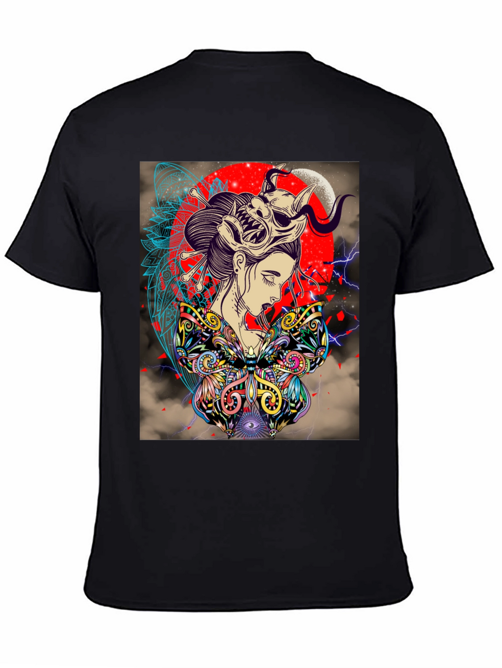 Geisha Mask Graphic Print Black T-Shirt
