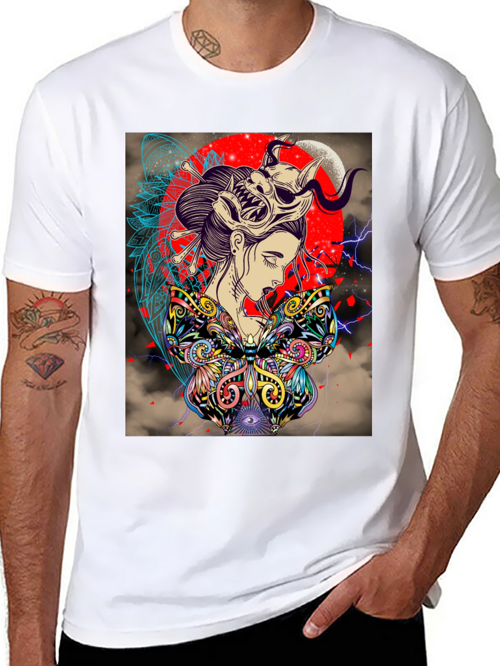 Geisha Mask Graphic Print Black T-Shirt