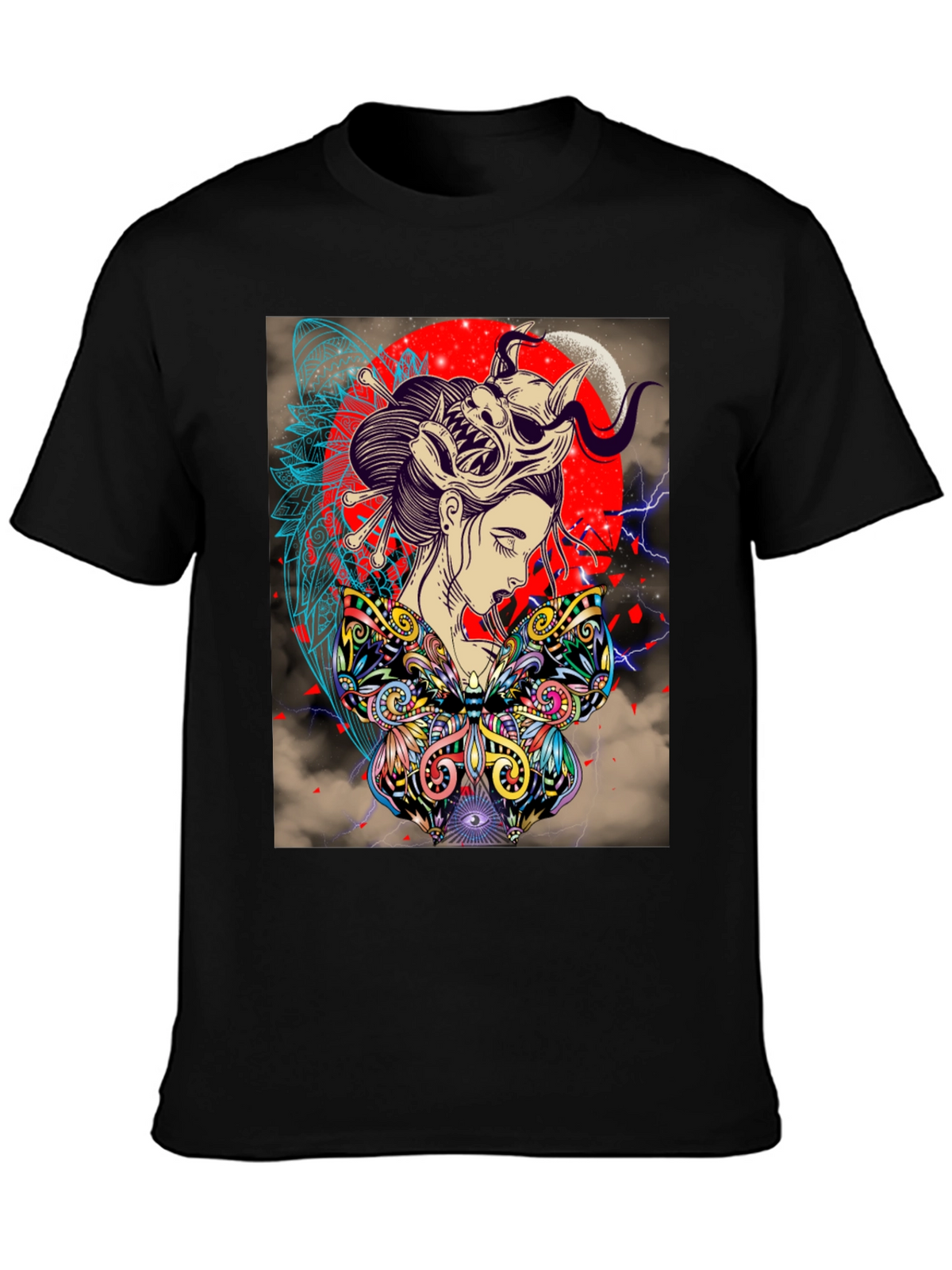 Geisha Mask Graphic Print Black T-Shirt