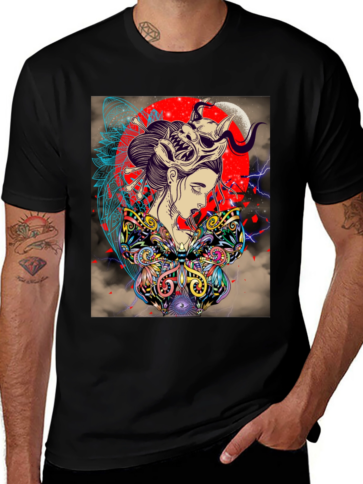 Geisha Mask Graphic Print Black T-Shirt