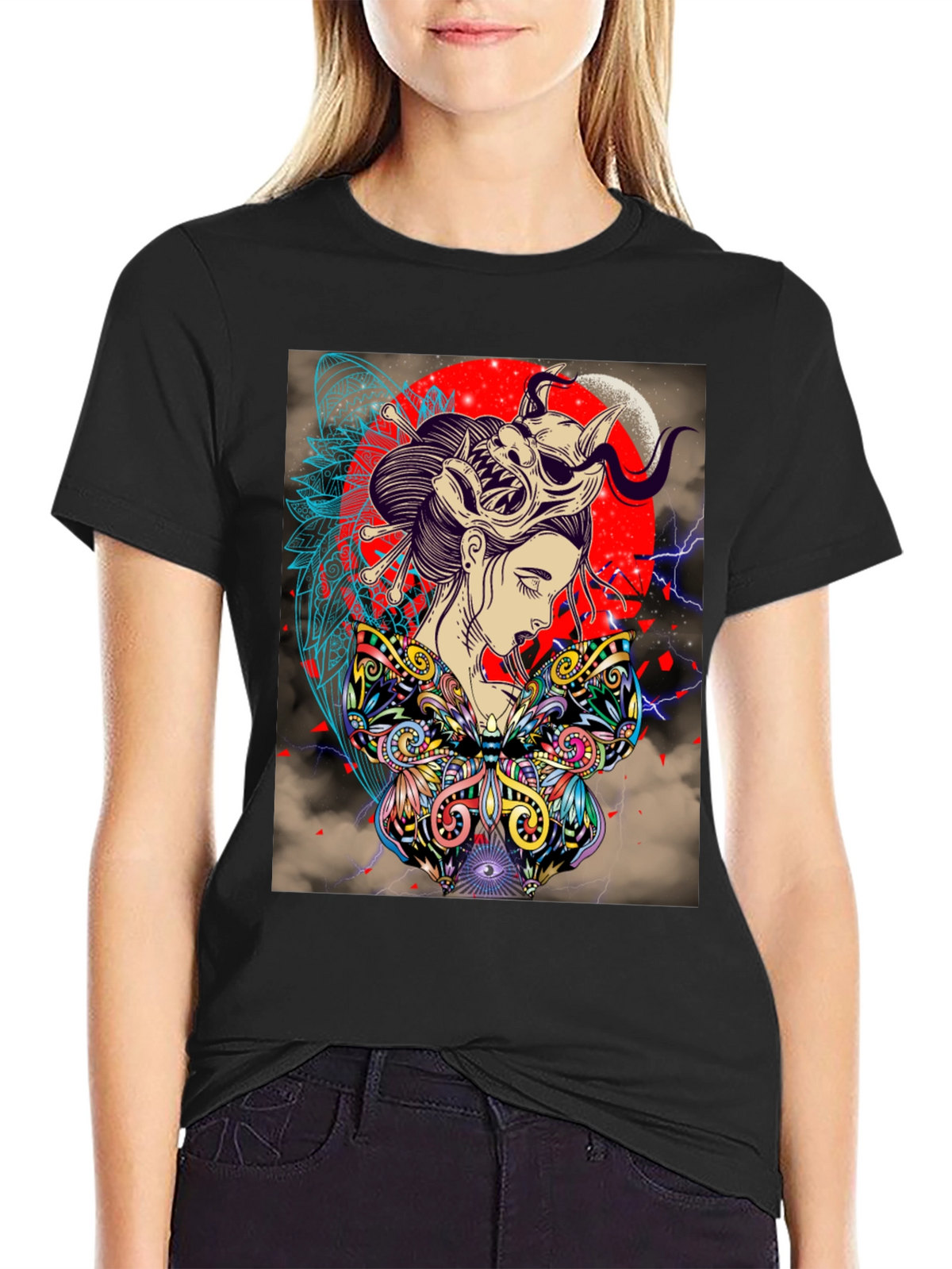 Geisha Mask Graphic Print Black T-Shirt