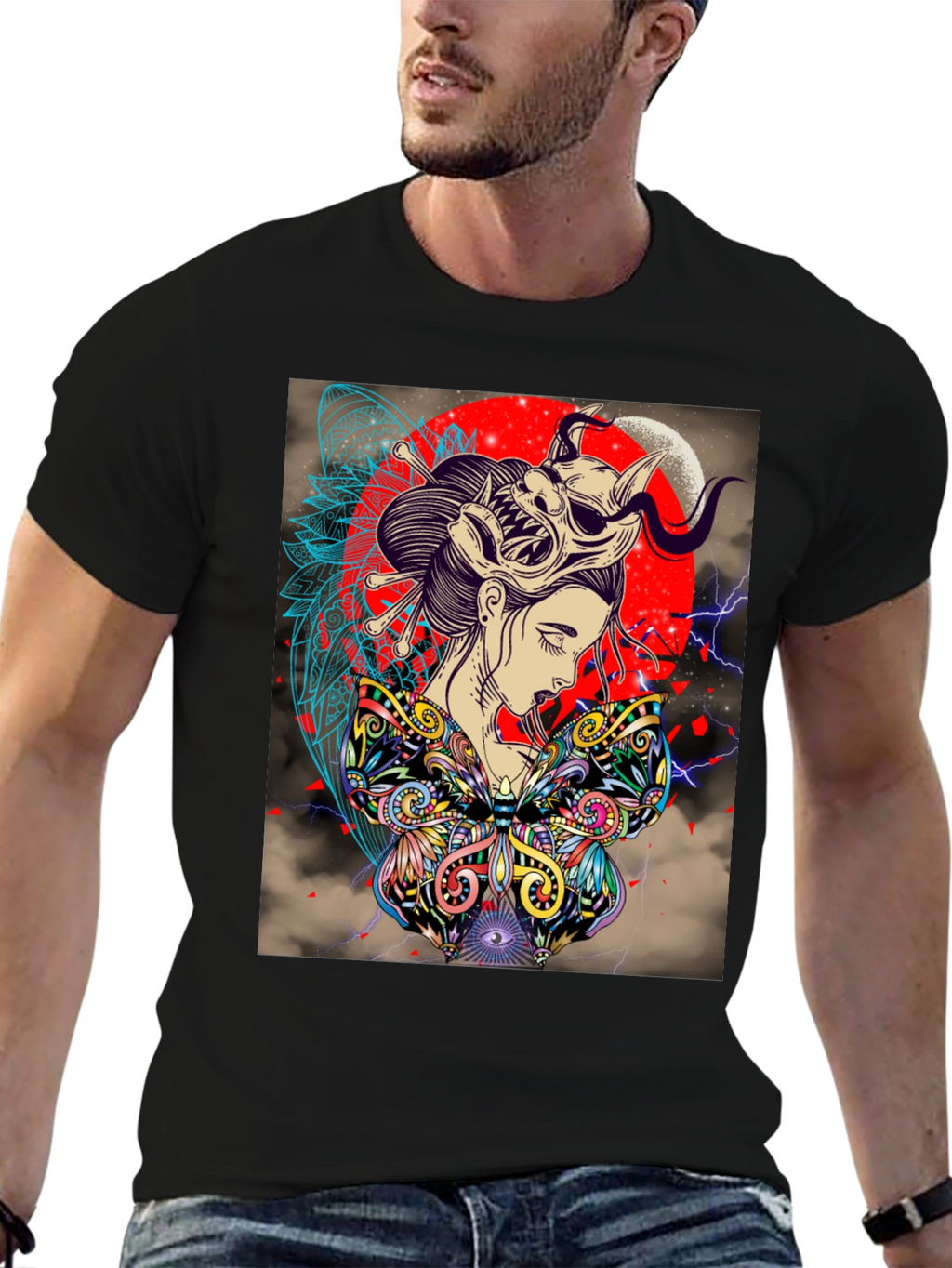 Geisha Mask Graphic Print Black T-Shirt