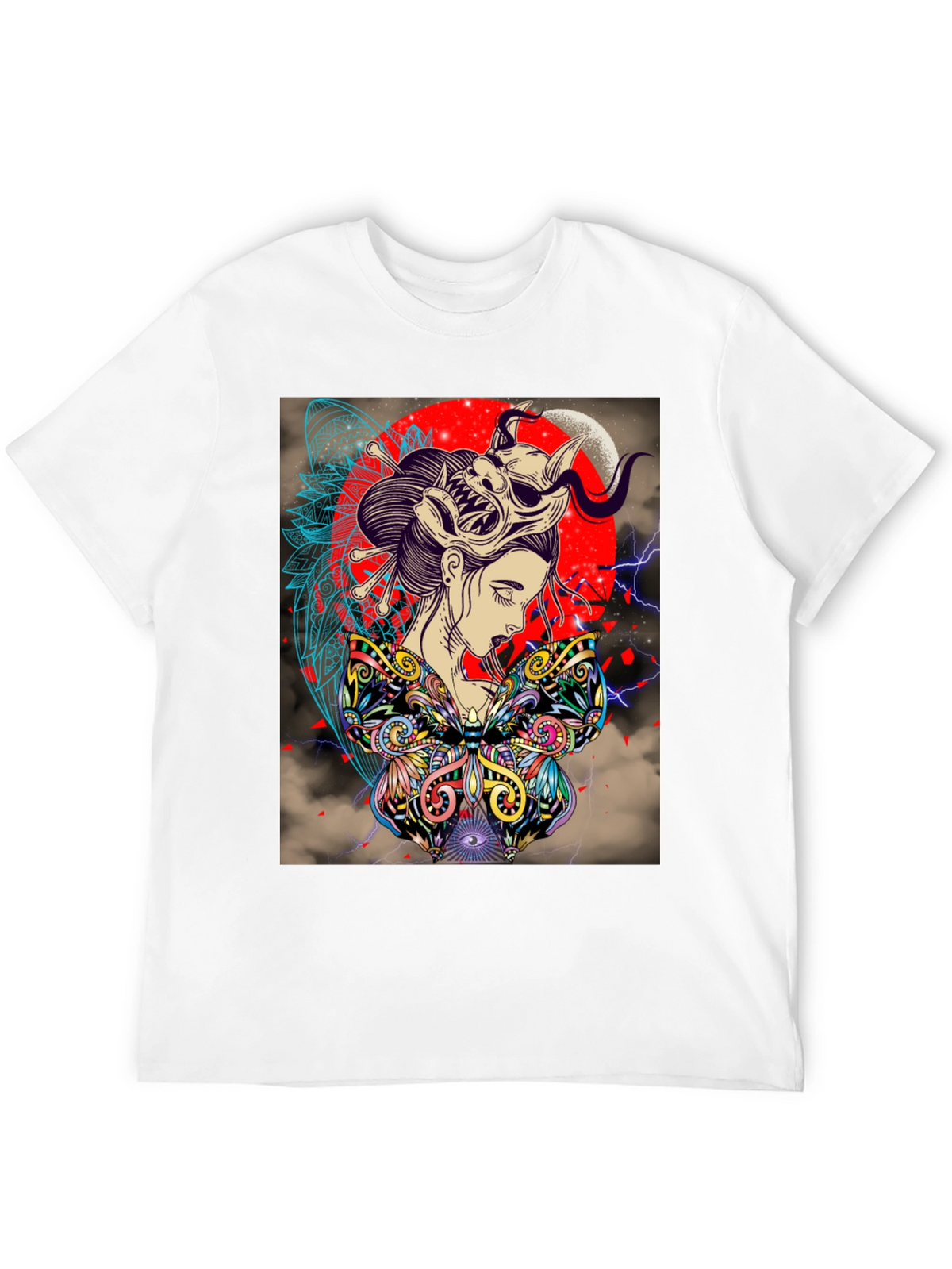 Geisha Mask Graphic Print Black T-Shirt