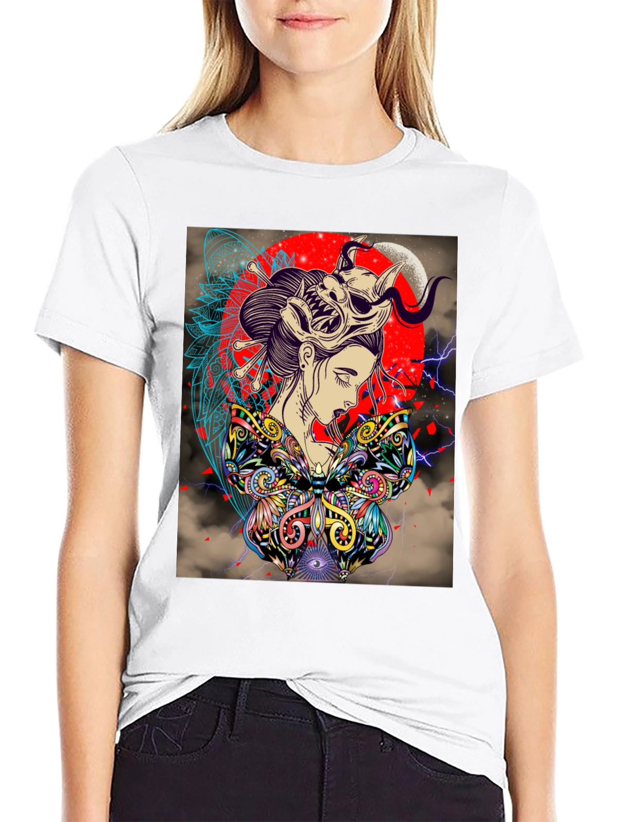 Geisha Mask Graphic Print Black T-Shirt