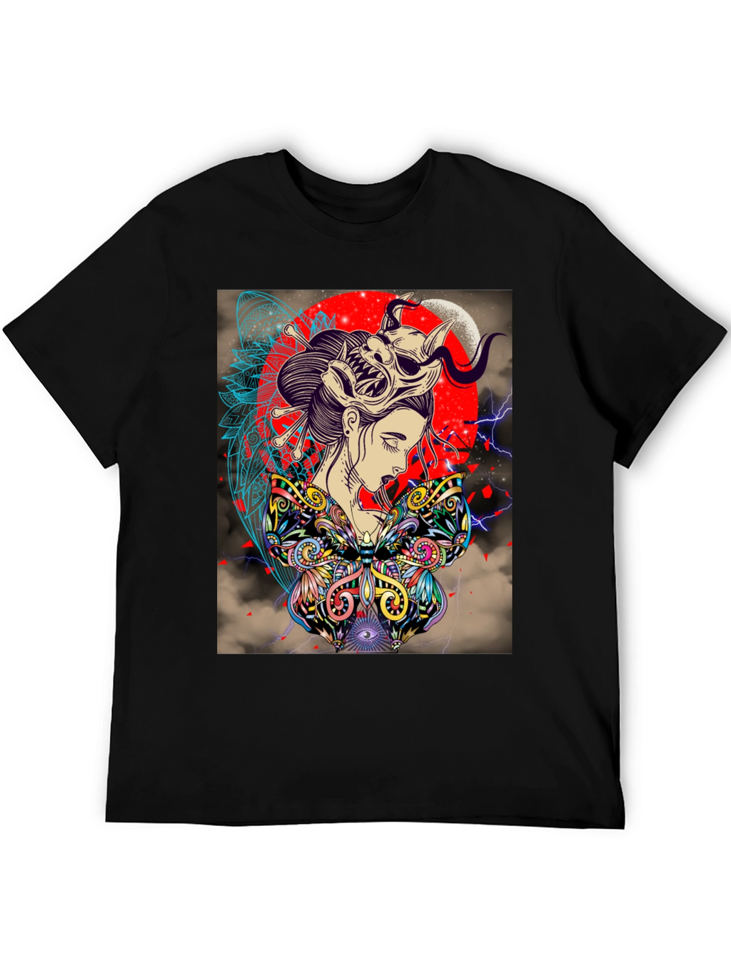 Geisha Mask Graphic Print Black T-Shirt