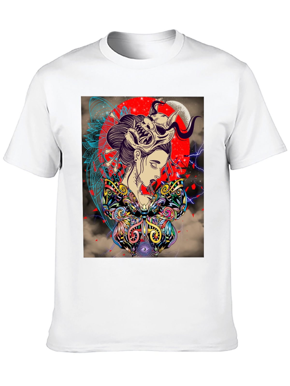 Geisha Mask Graphic Print Black T-Shirt