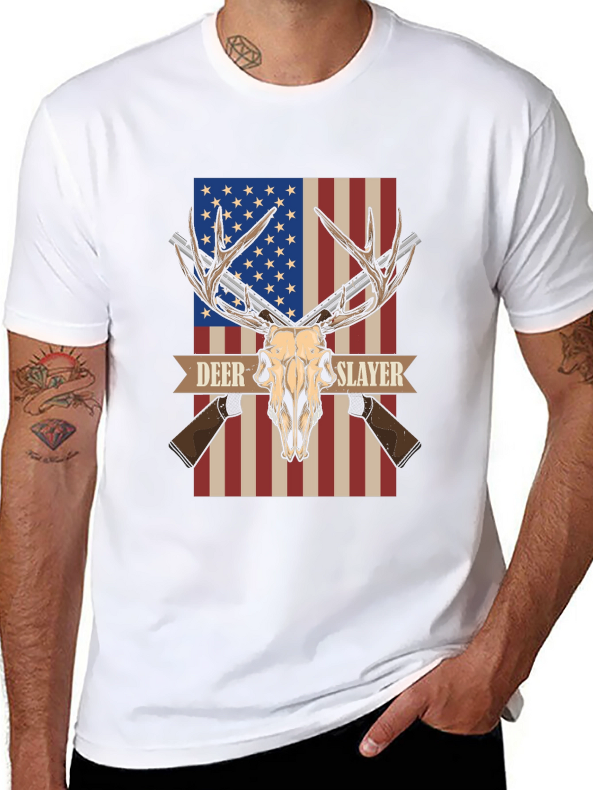 Deer Slayer Graphic T-Shirt - American Flag Hunting Tee