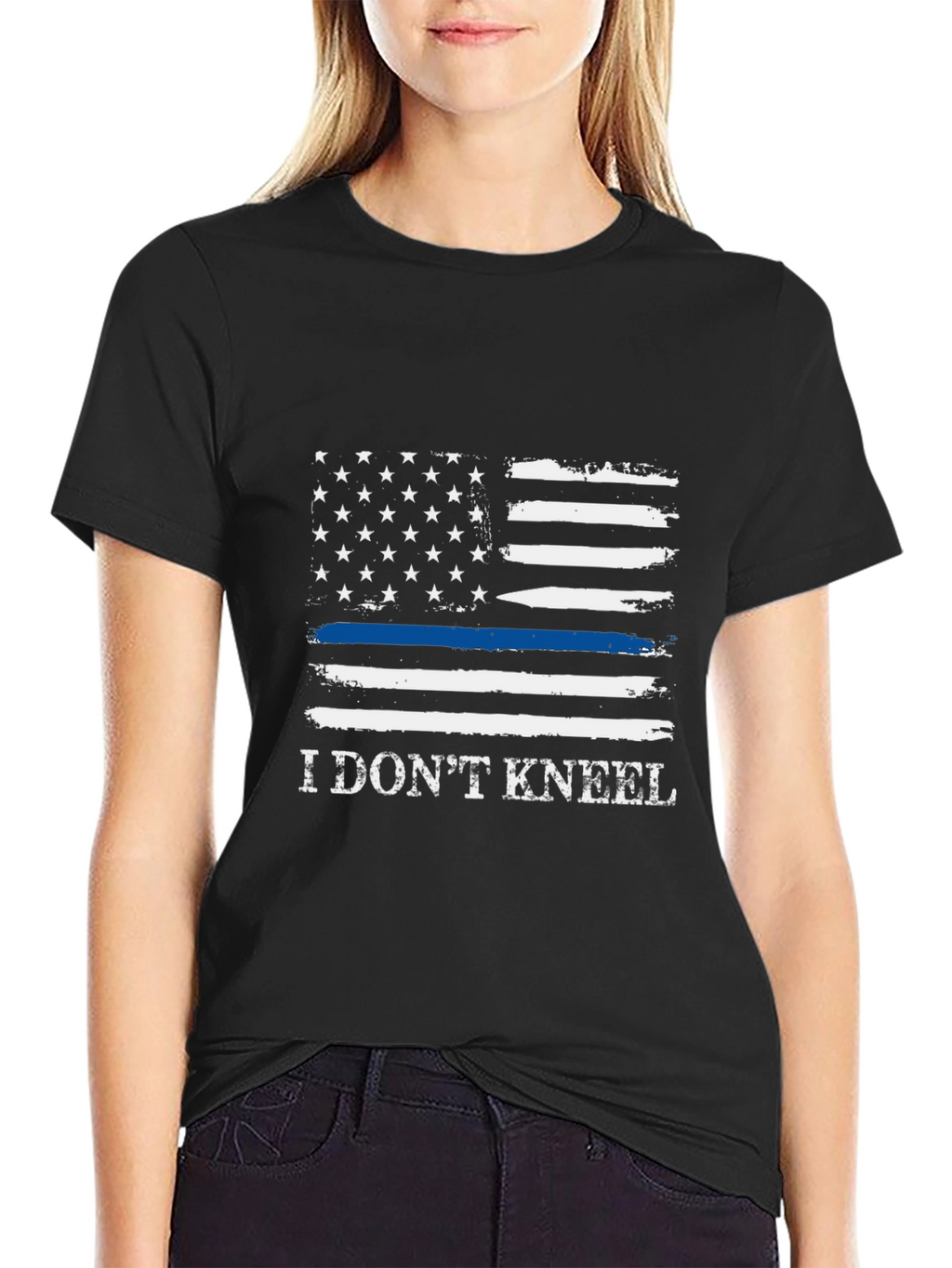 I Dont Kneel Thin Blue Line American Flag T-Shirt