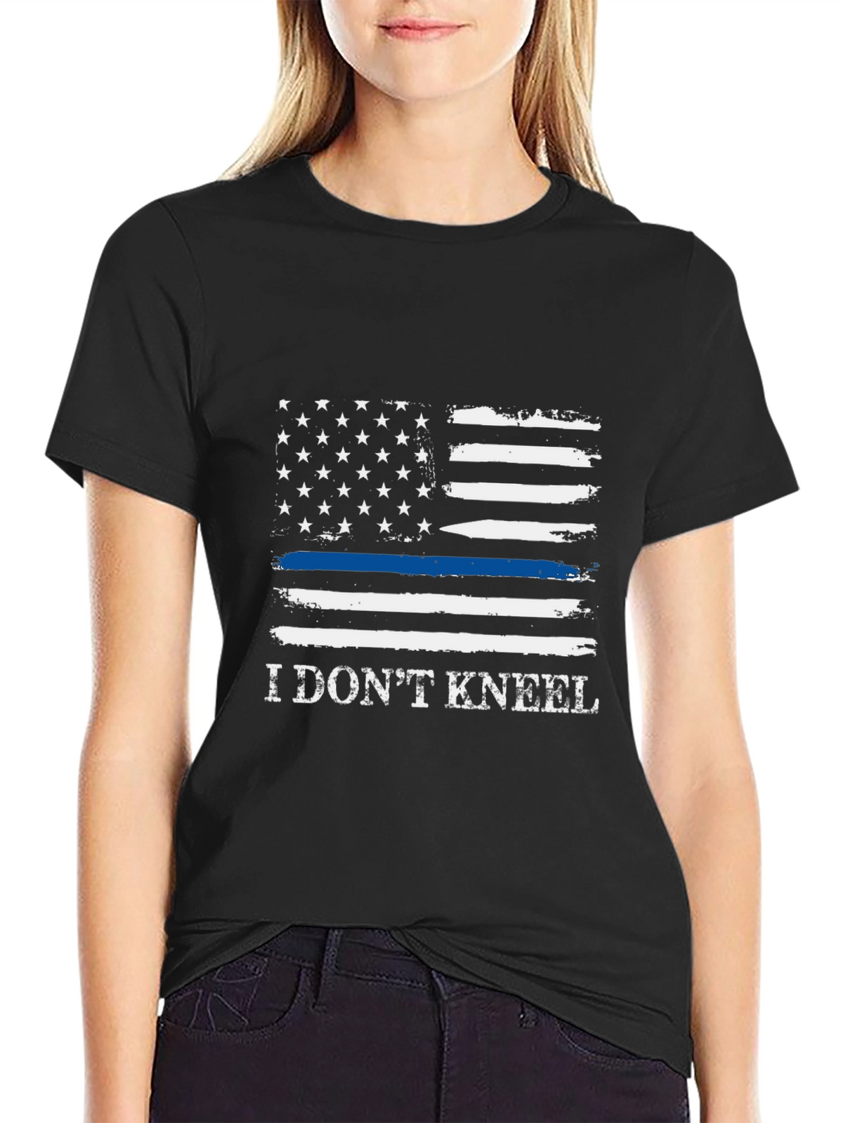 I Dont Kneel Thin Blue Line American Flag T-Shirt