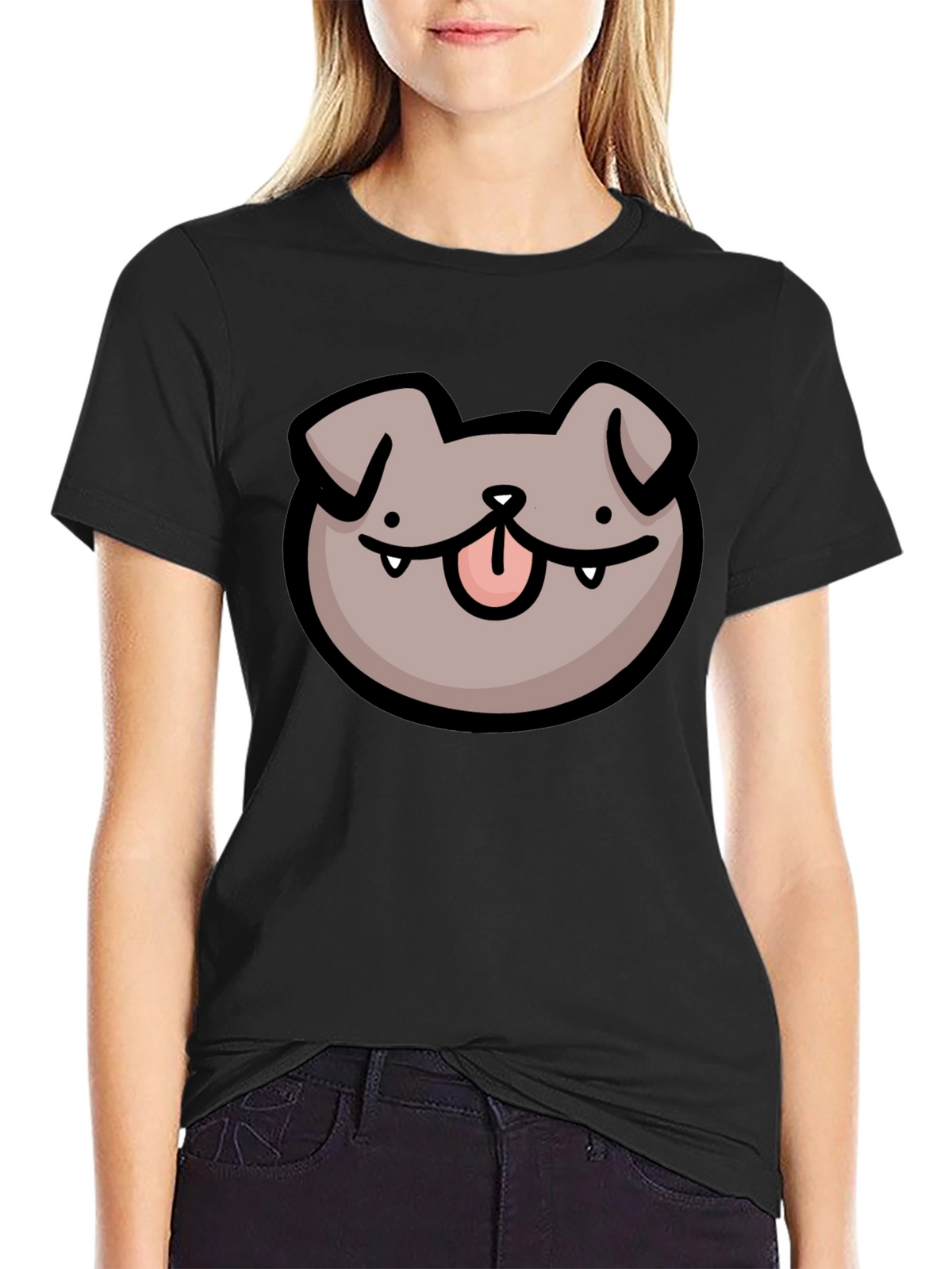 Dog Face Cartoon Black T-Shirt