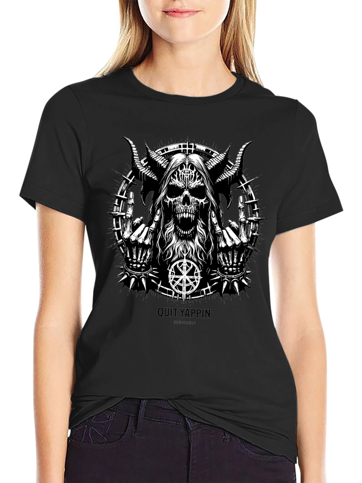 Quit Yappin Graphic Tee - Black Metal Skull Design