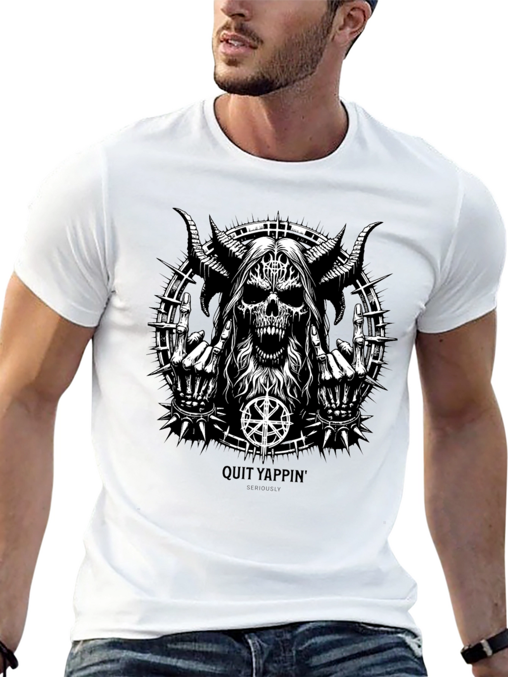 Quit Yappin Graphic Tee - Black Metal Skull Design