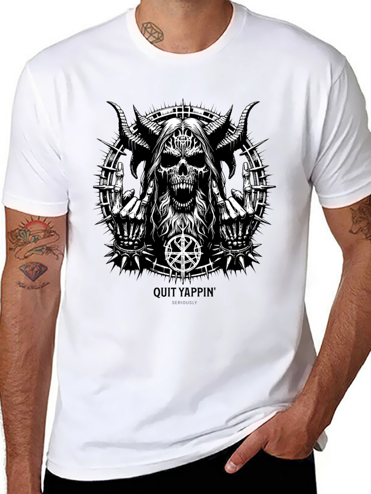 Quit Yappin Graphic Tee - Black Metal Skull Design