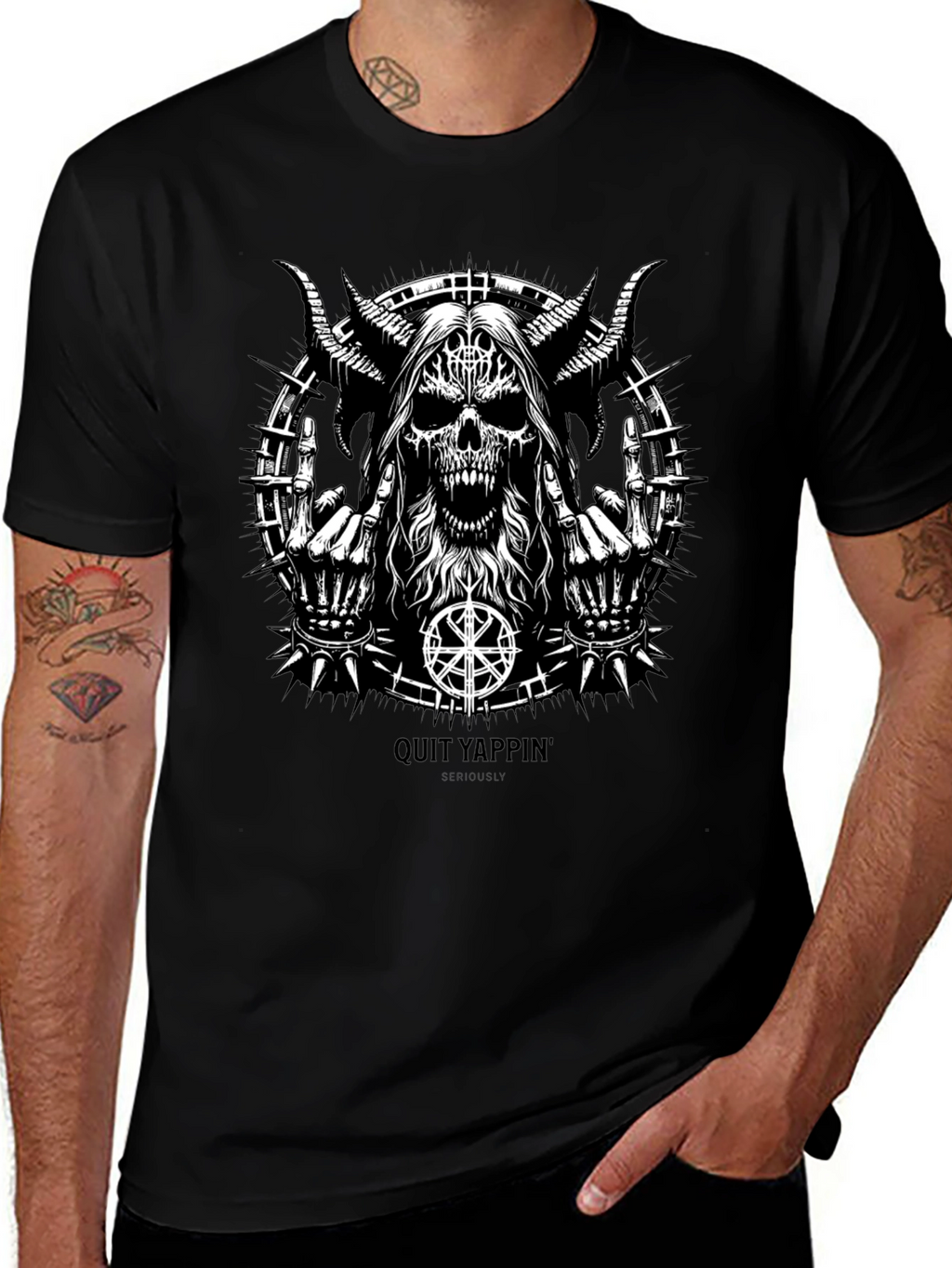 Quit Yappin Graphic Tee - Black Metal Skull Design