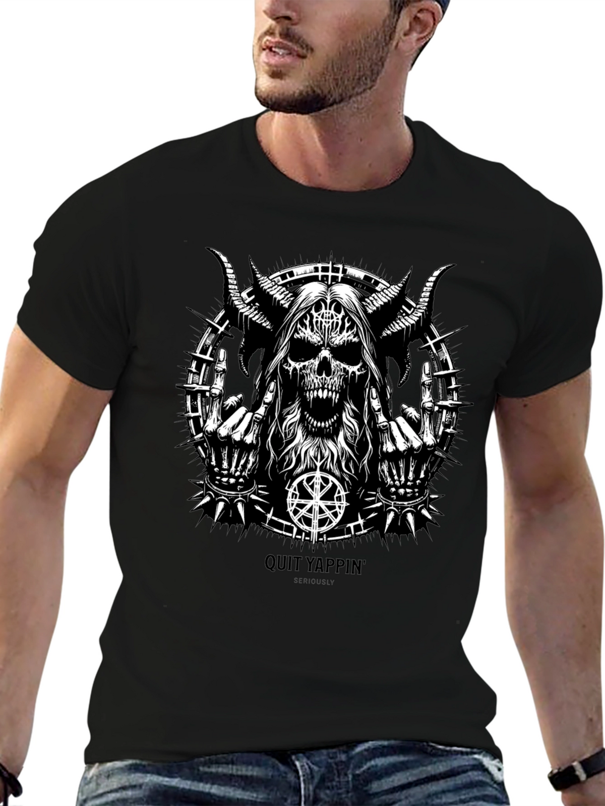 Quit Yappin Graphic Tee - Black Metal Skull Design