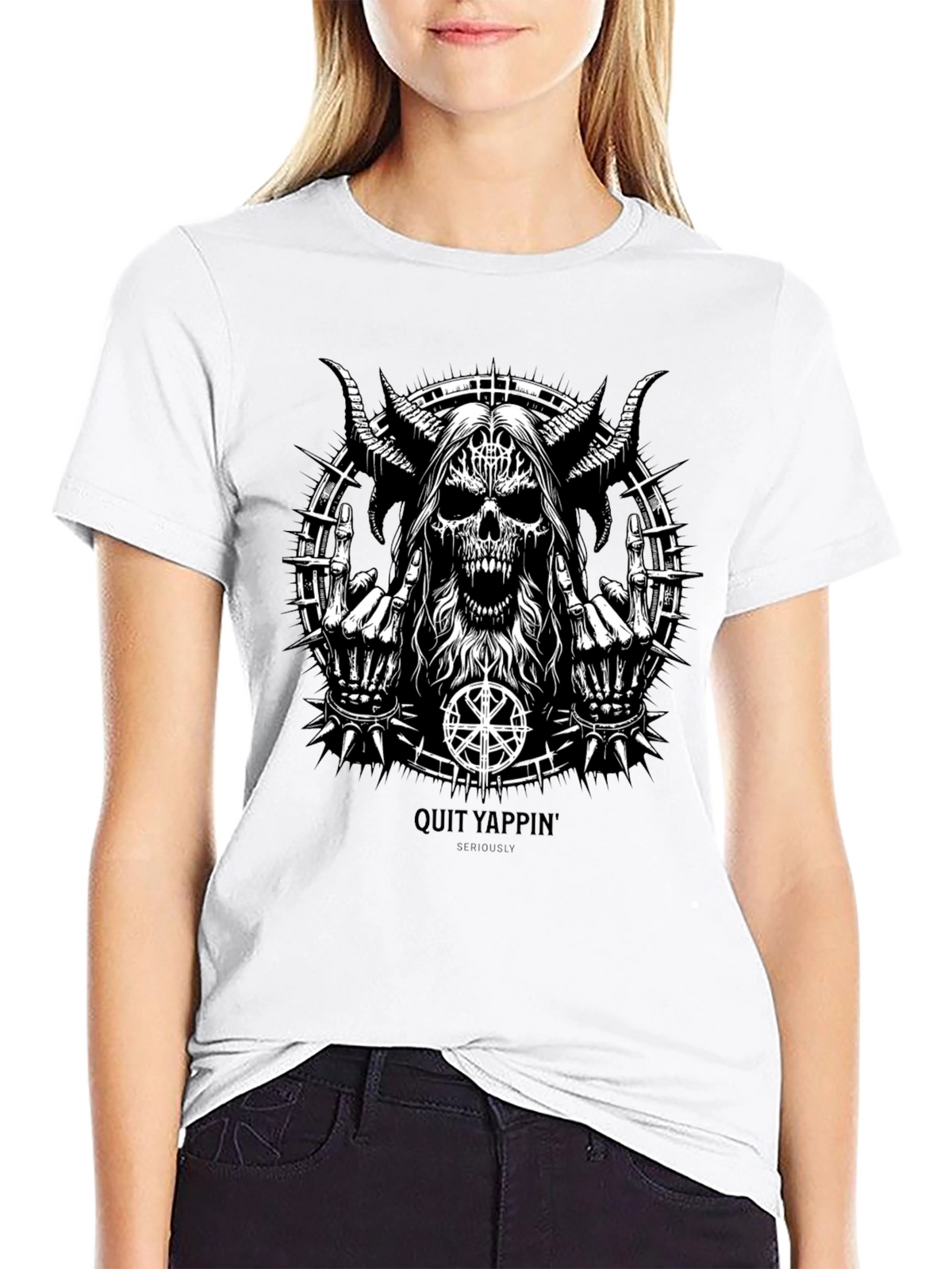 Quit Yappin Graphic Tee - Black Metal Skull Design