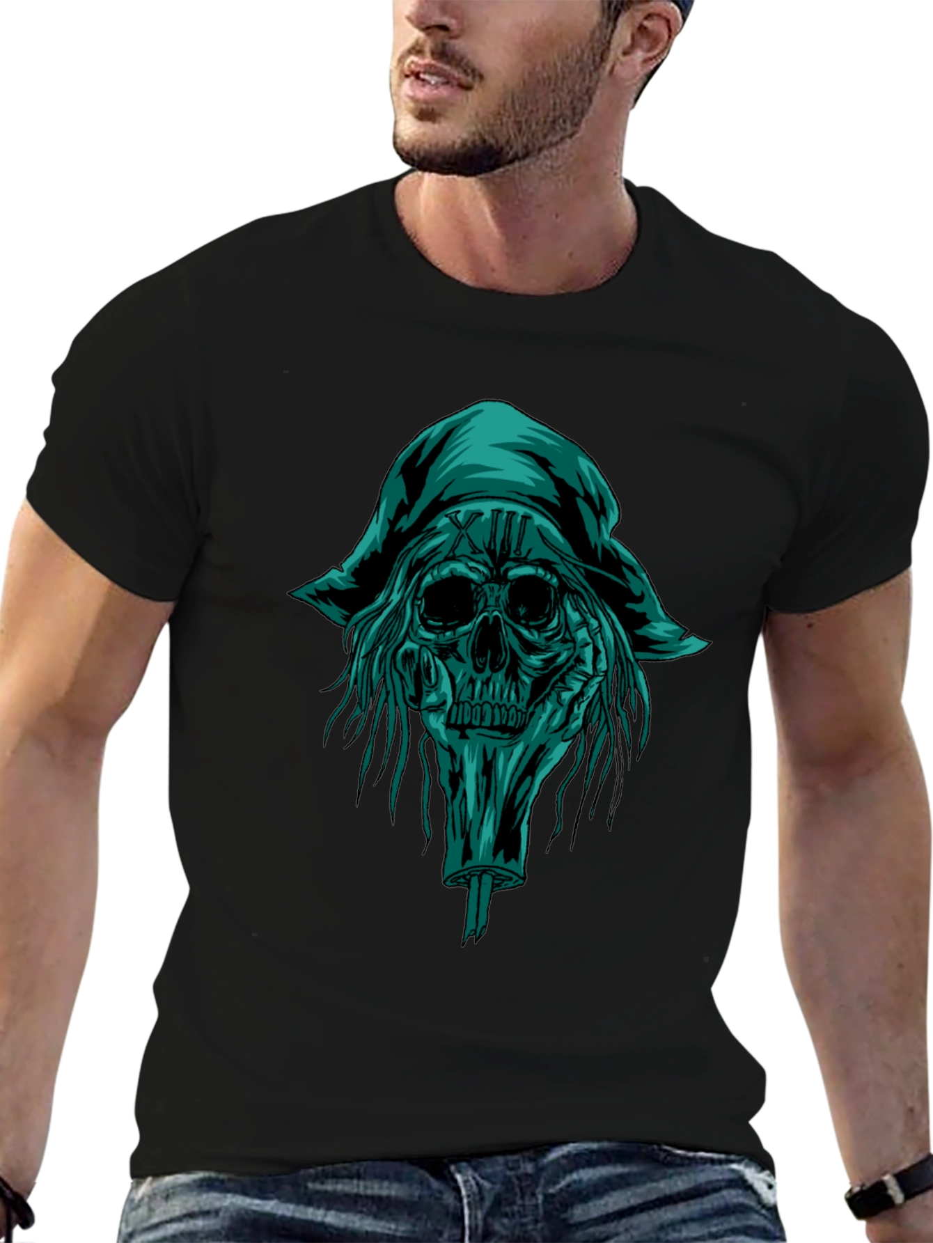 Skull Pirate Graphic Tee - Black Cotton T-Shirt