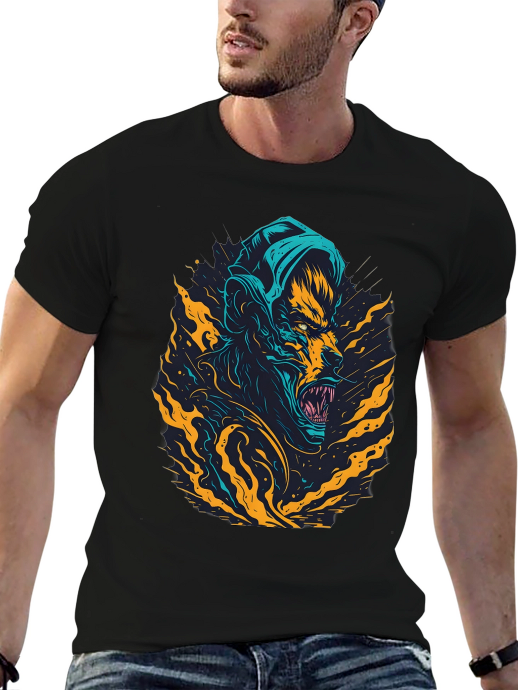 Mens Black Graphic Tee: Monster Rage Design