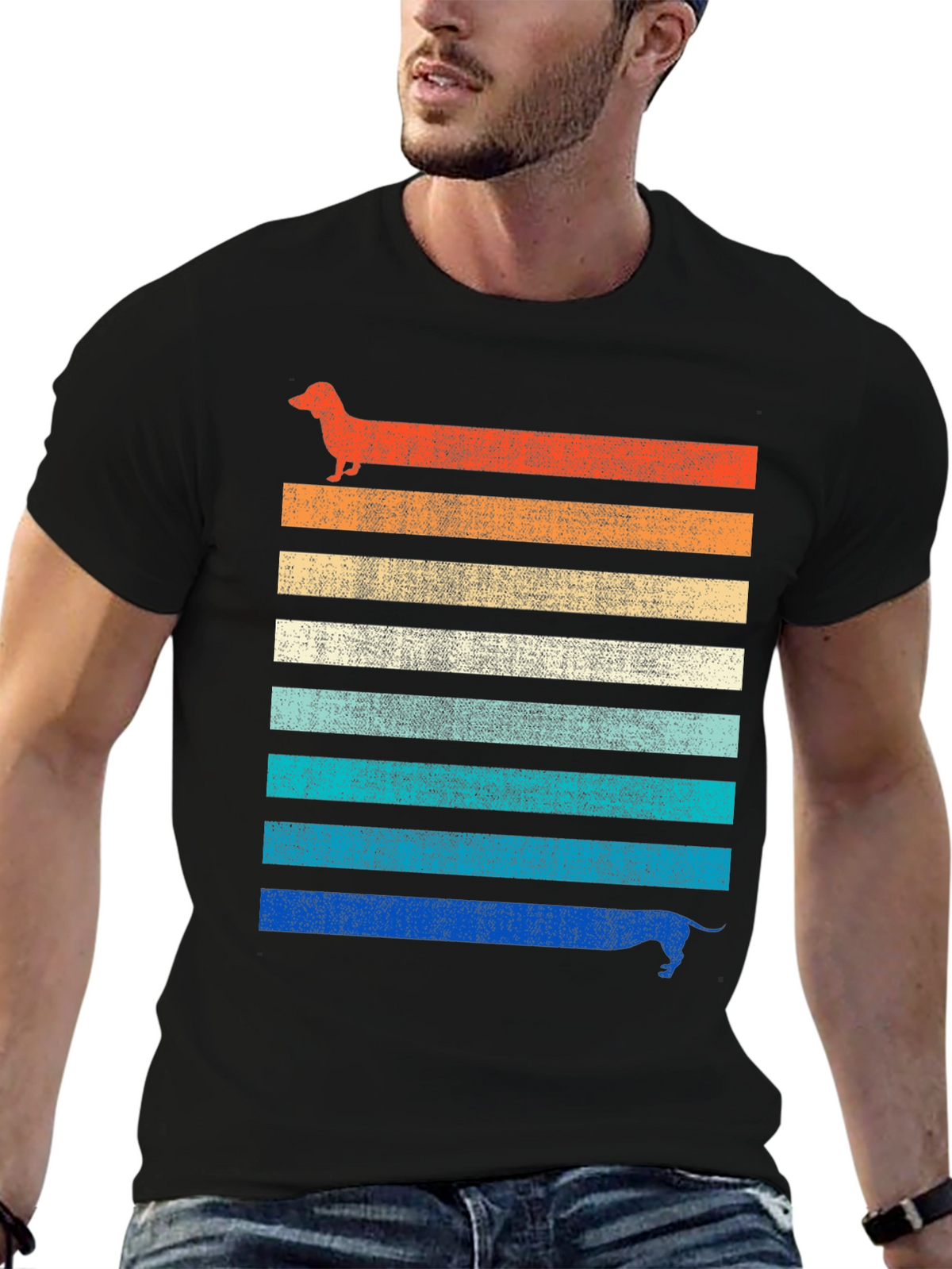 Retro Dachshund Striped Graphic Tee