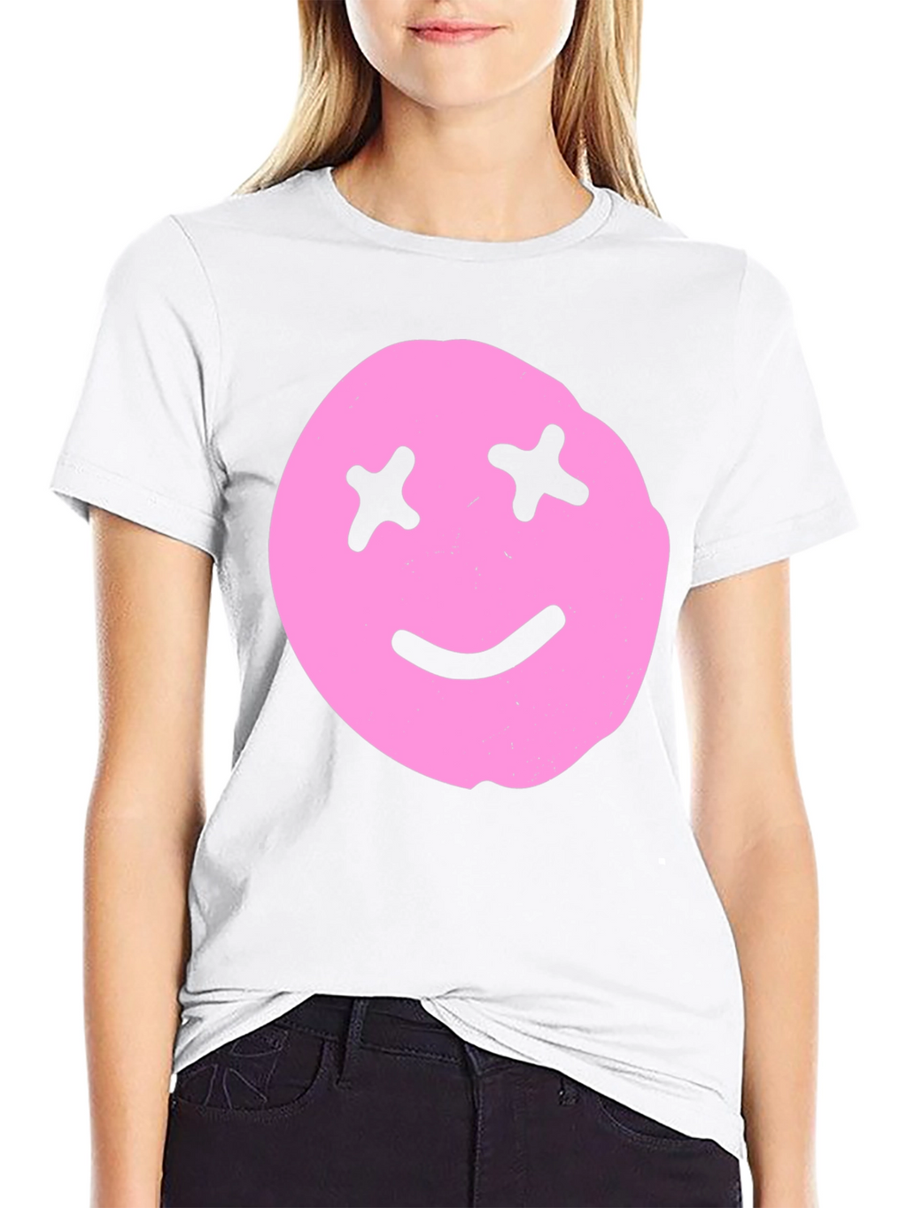 Pink Smiley Face Graphic Tee - Black Cotton Blend