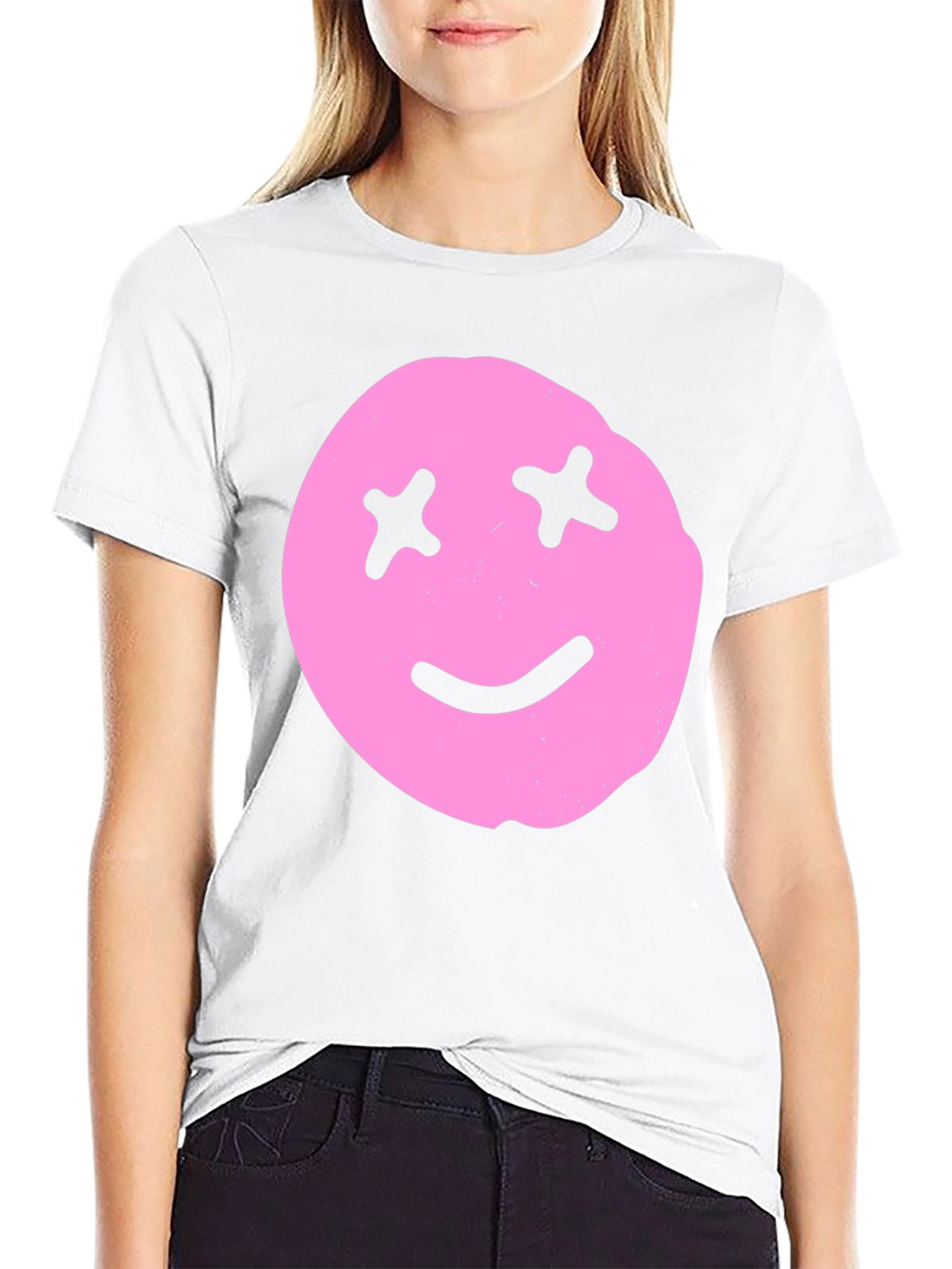Pink Smiley Face Graphic Tee - Black Cotton Blend