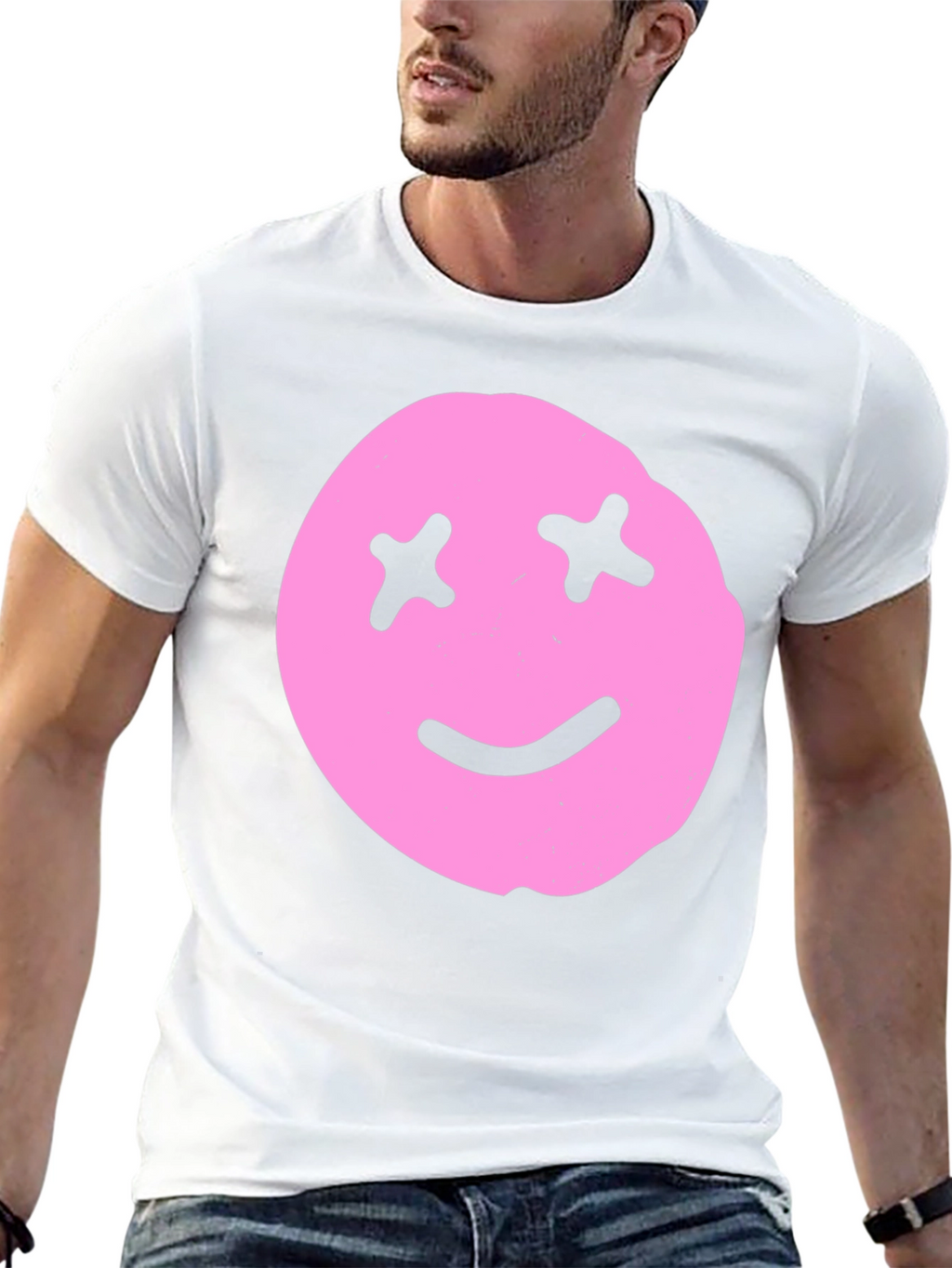 Pink Smiley Face Graphic Tee - Black Cotton Blend