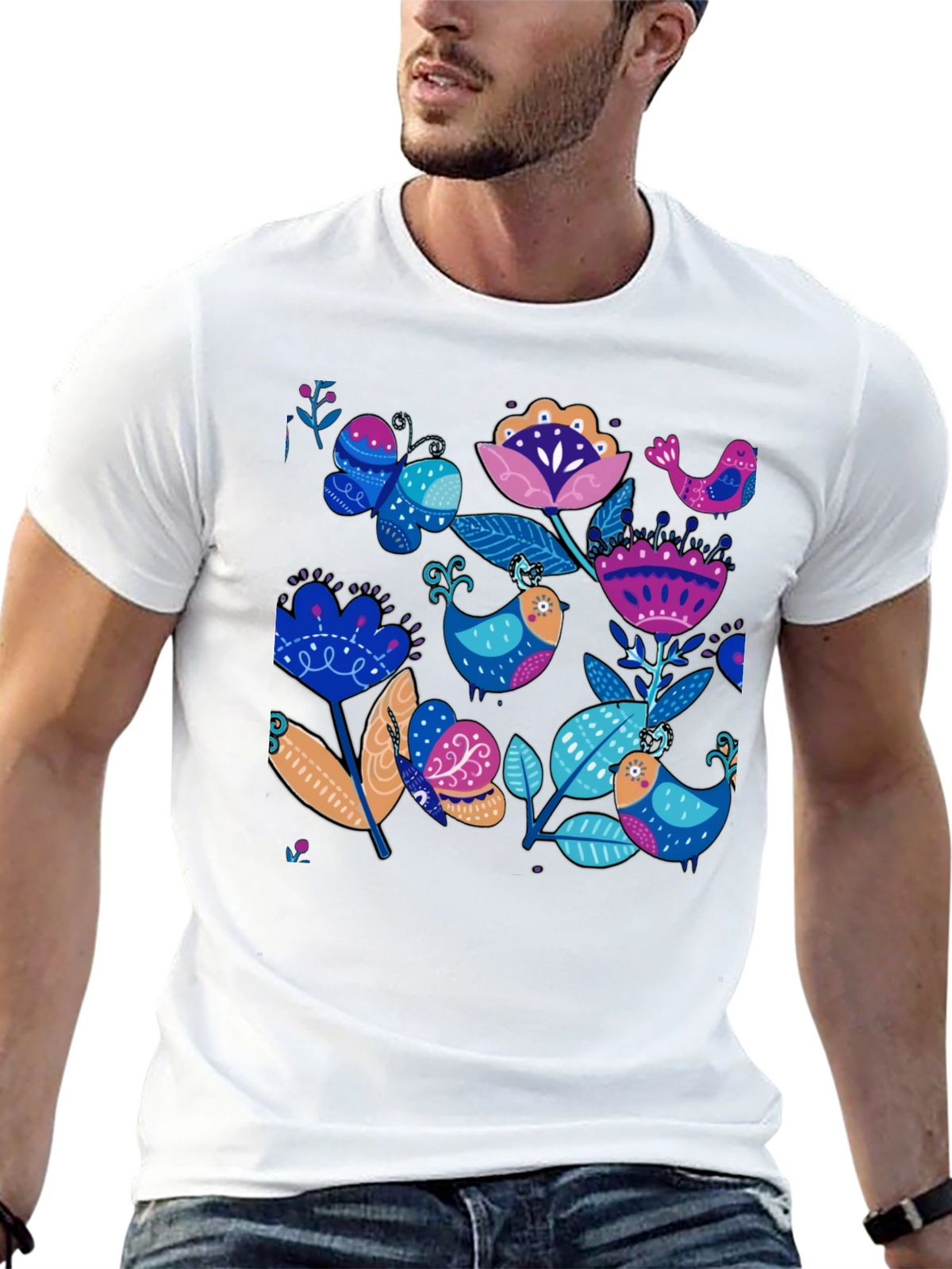 Floral Bird Print Black T-Shirt
