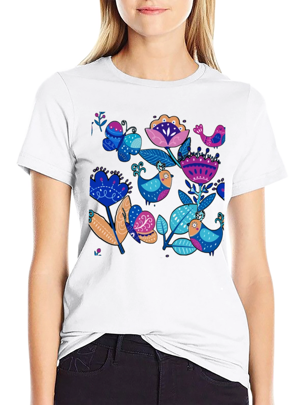 Floral Bird Print Black T-Shirt