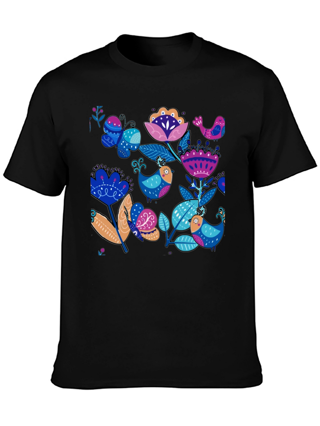 Floral Bird Print Black T-Shirt