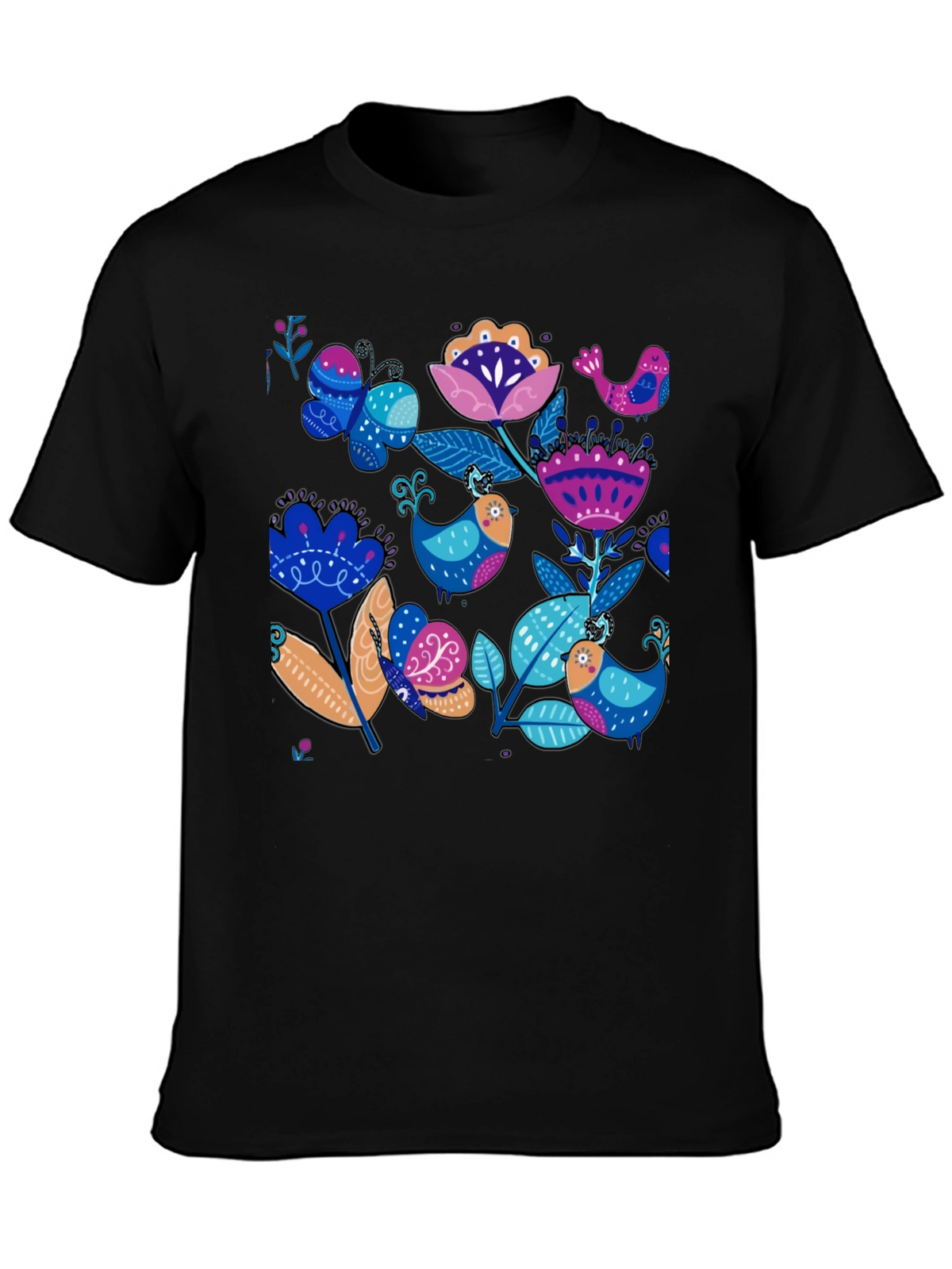 Floral Bird Print Black T-Shirt