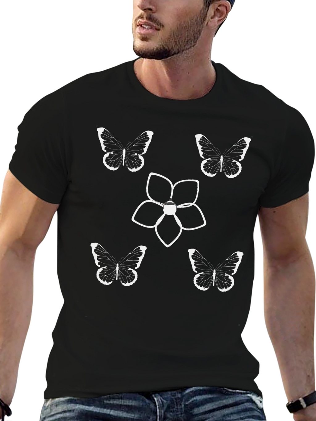 Butterfly & Flower Graphic Tee - Black Cotton Blend