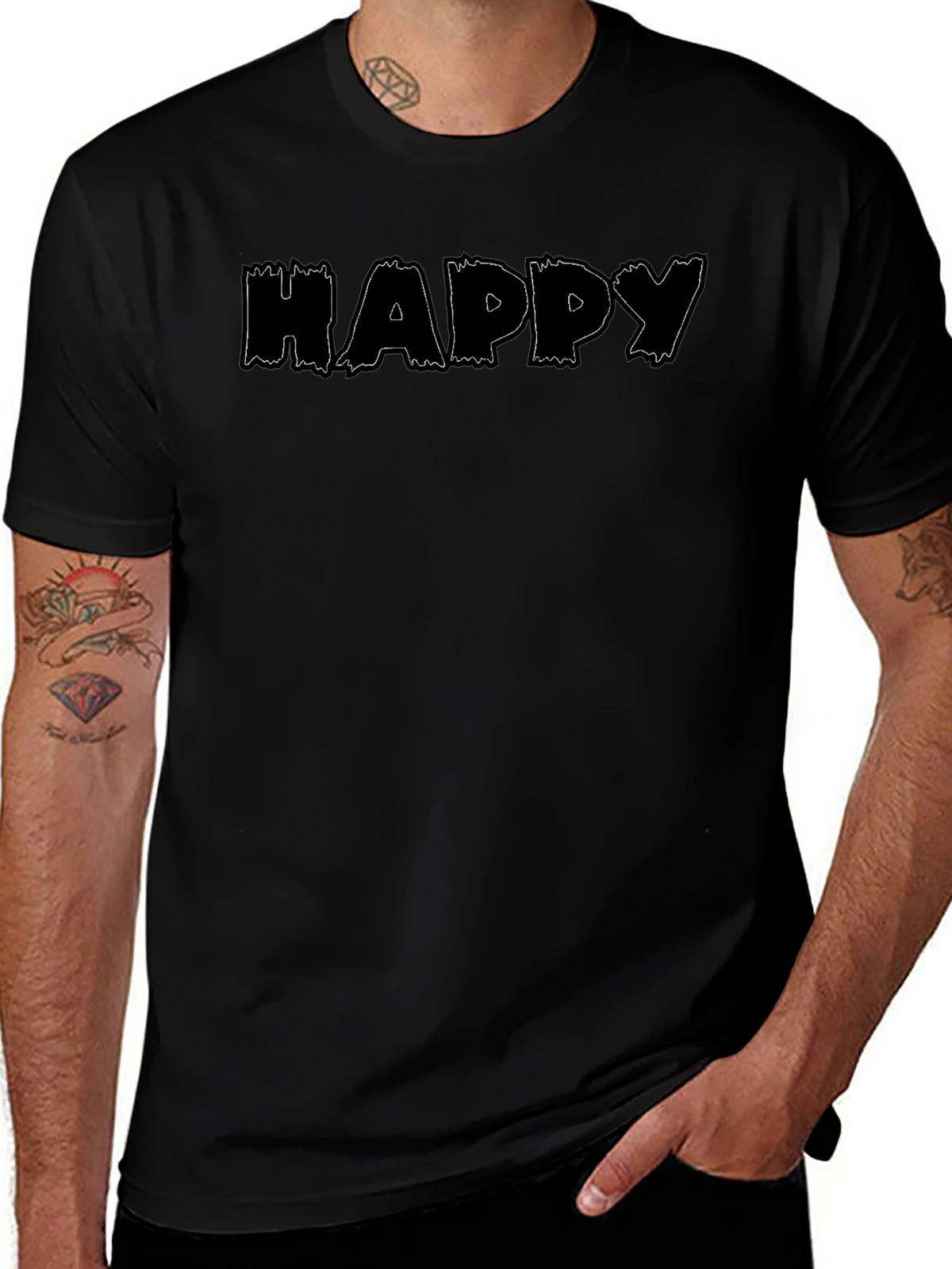 Happy Print Black Crew Neck T-Shirt