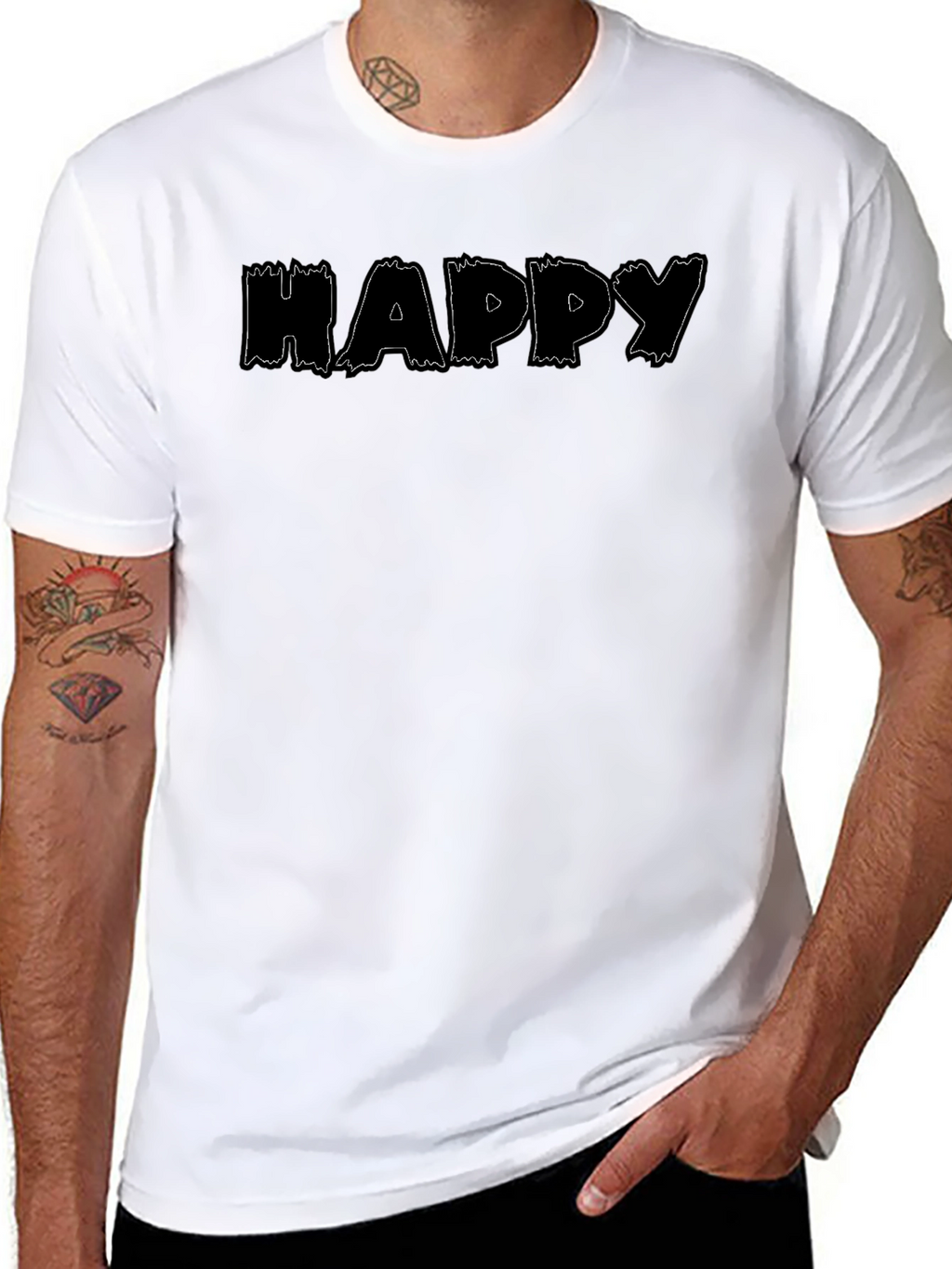 Happy Print Black Crew Neck T-Shirt