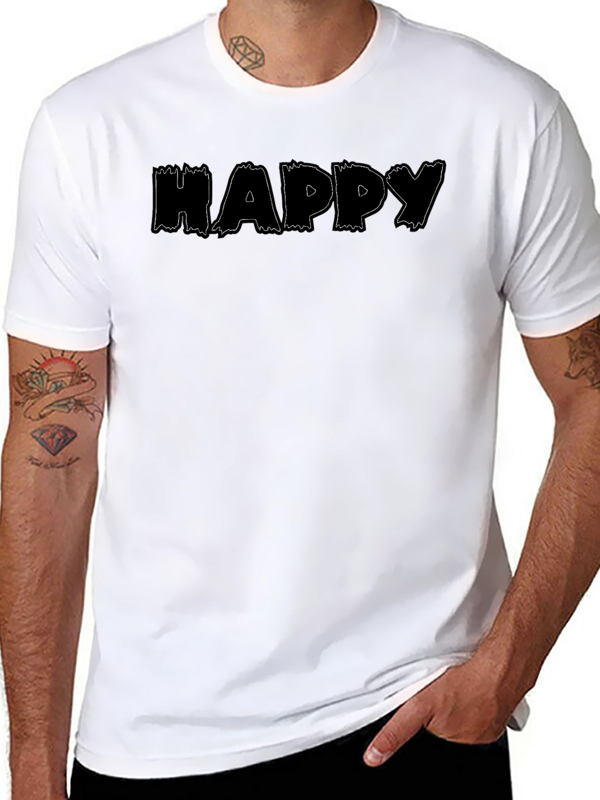 Happy Print Black Crew Neck T-Shirt